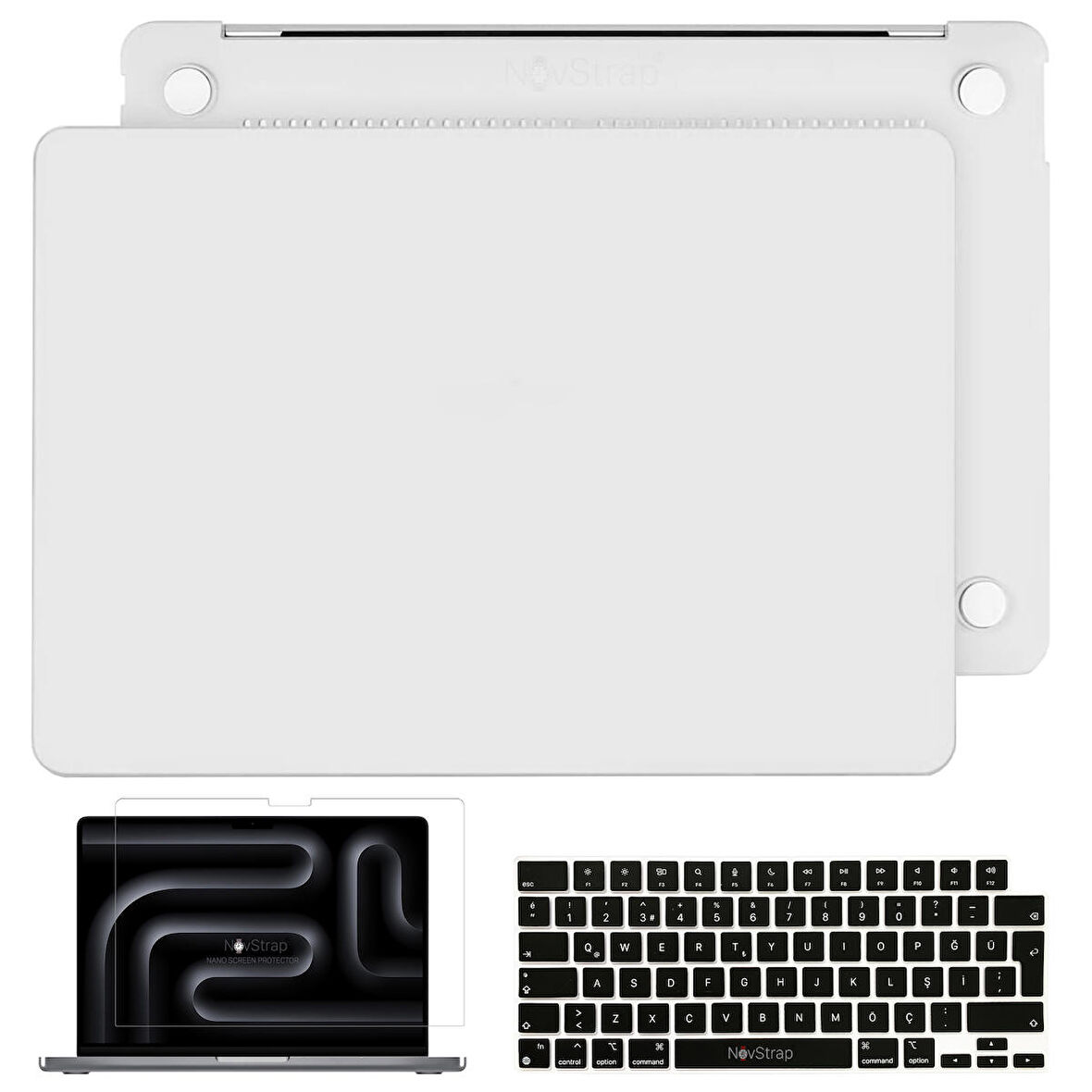 NovStrap Apple Macbook Pro 16 inç M3 A2991 ile Uyumlu Mat Buzlu Kılıf + Siyah Klavye Kılıfı + Film