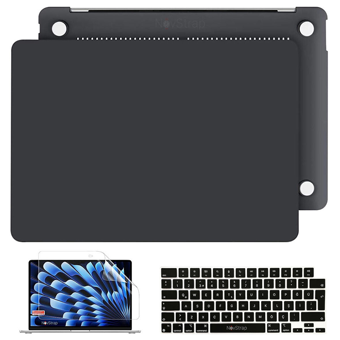 NovStrap Apple Macbook Air 15 inç A2941 ile Uyumlu Mat Buzlu Kılıf + Siyah Klavye Kılıfı + Film