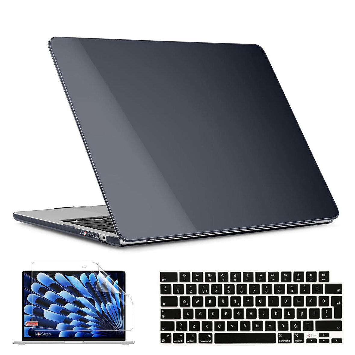 NovStrap Apple Macbook Air 15 inç A2941 ile Uyumlu Kristal Parlak Kılıf + Siyah Klavye Kılıfı +Film