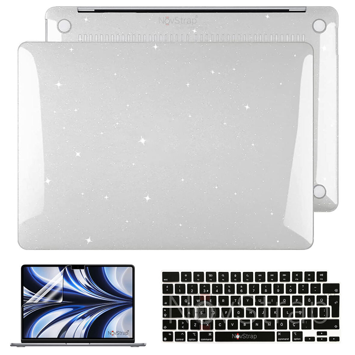 NovStrap Apple MacBook Air M2 13.6 inç A2681 ile Uyumlu Simli Kılıf + Siyah Klavye Kılıfı + Film