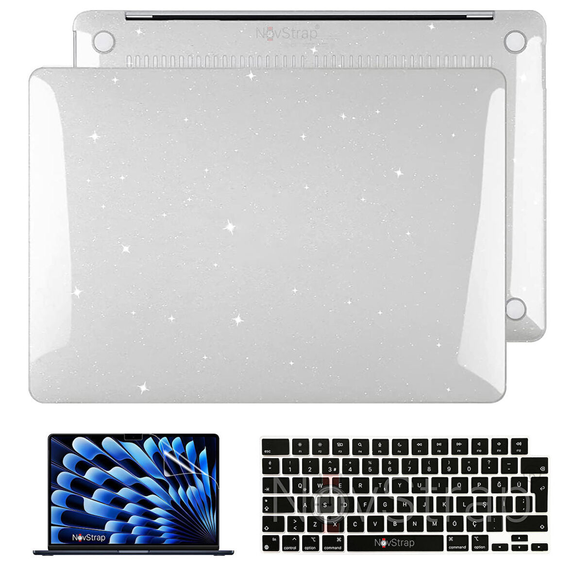 NovStrap Apple Macbook Air M2 Çip 15 inç A2941 ile Uyumlu Simli Kılıf + Siyah Klavye Kılıfı + Film