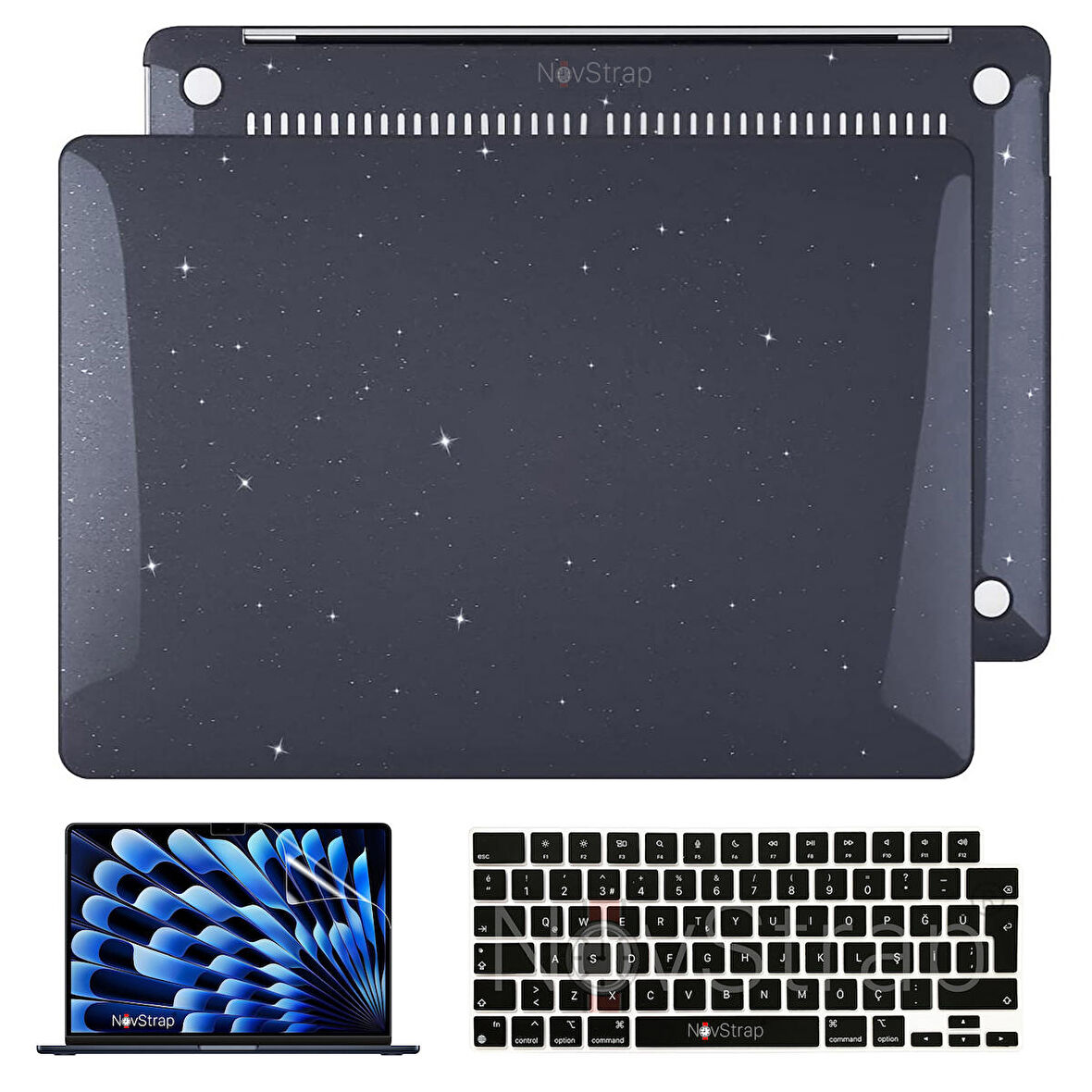 NovStrap Apple Macbook Air M2 Çip 15 inç A2941 ile Uyumlu Simli Kılıf + Siyah Klavye Kılıfı + Film
