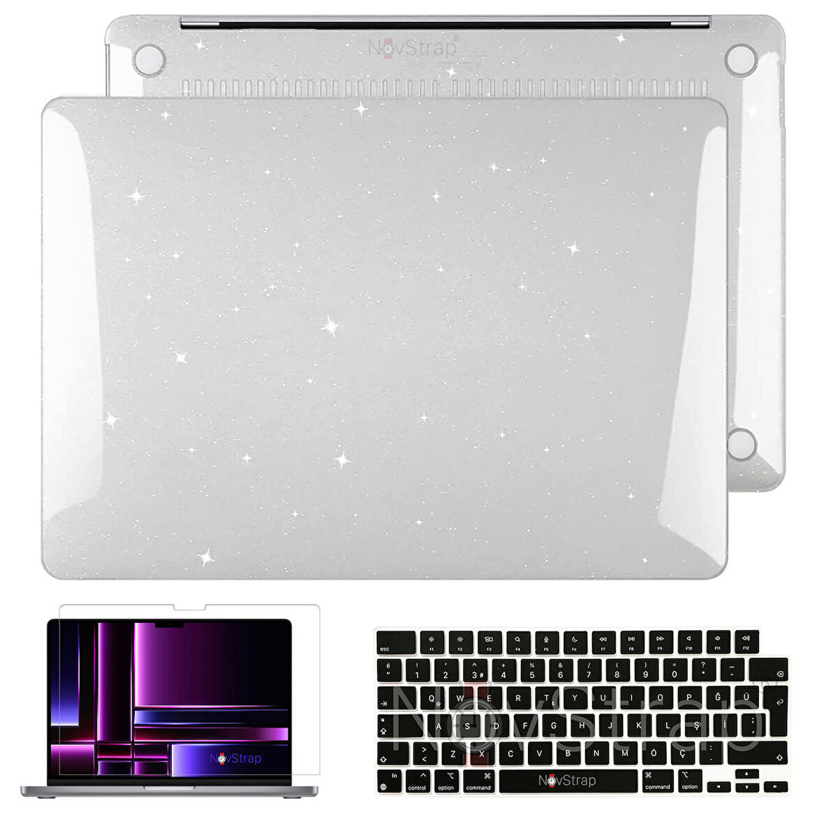 NovStrap Apple Macbook Pro 14 inç M1 M2 A2442 A2779 ile Uyumlu Simli Kılıf+Siyah Klavye Kılıfı+Film