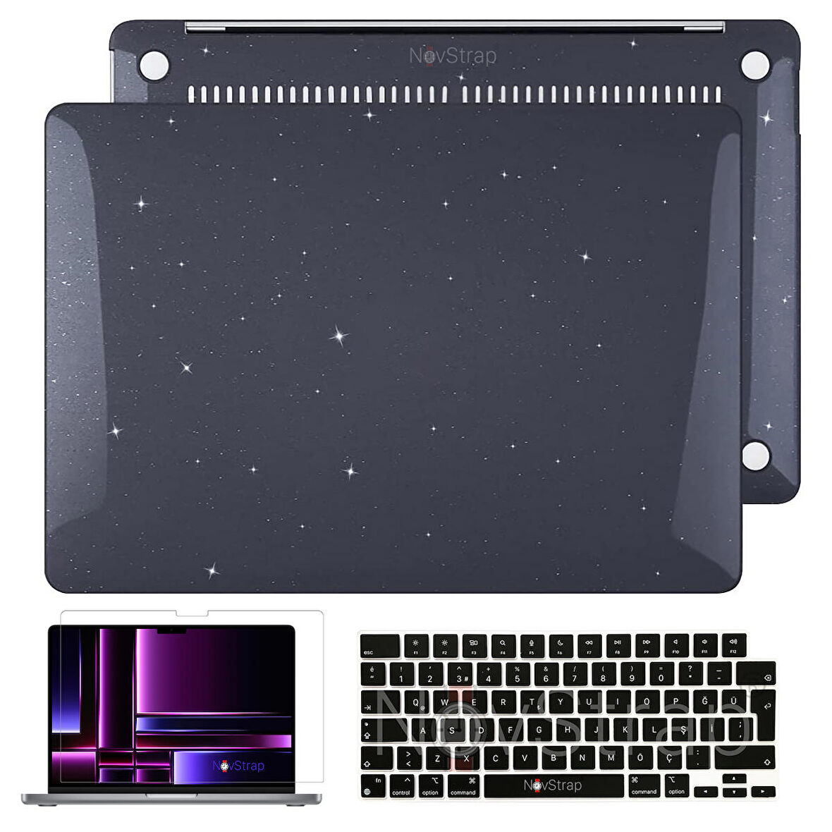 NovStrap Apple Macbook Pro 14 inç M1 M2 A2442 A2779 ile Uyumlu Simli Kılıf+Siyah Klavye Kılıfı+Film