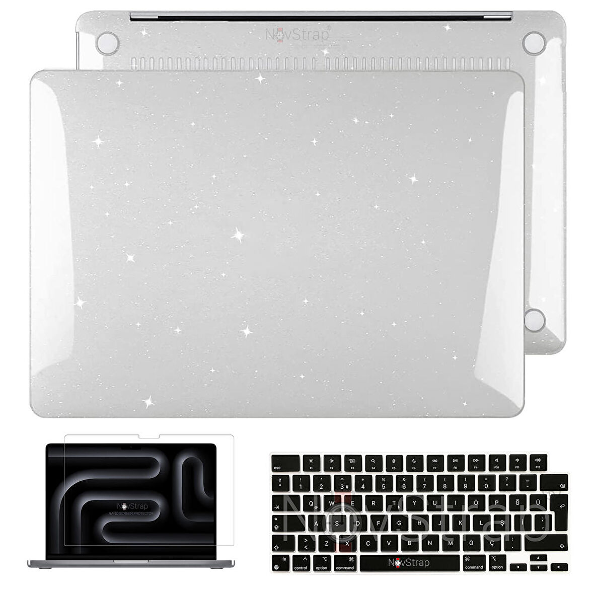 NovStrap Apple Macbook Pro 14 inç M3 Çip A2992 A2918 ile Uyumlu Simli Kılıf+Siyah Klavye Kılıfı+Film