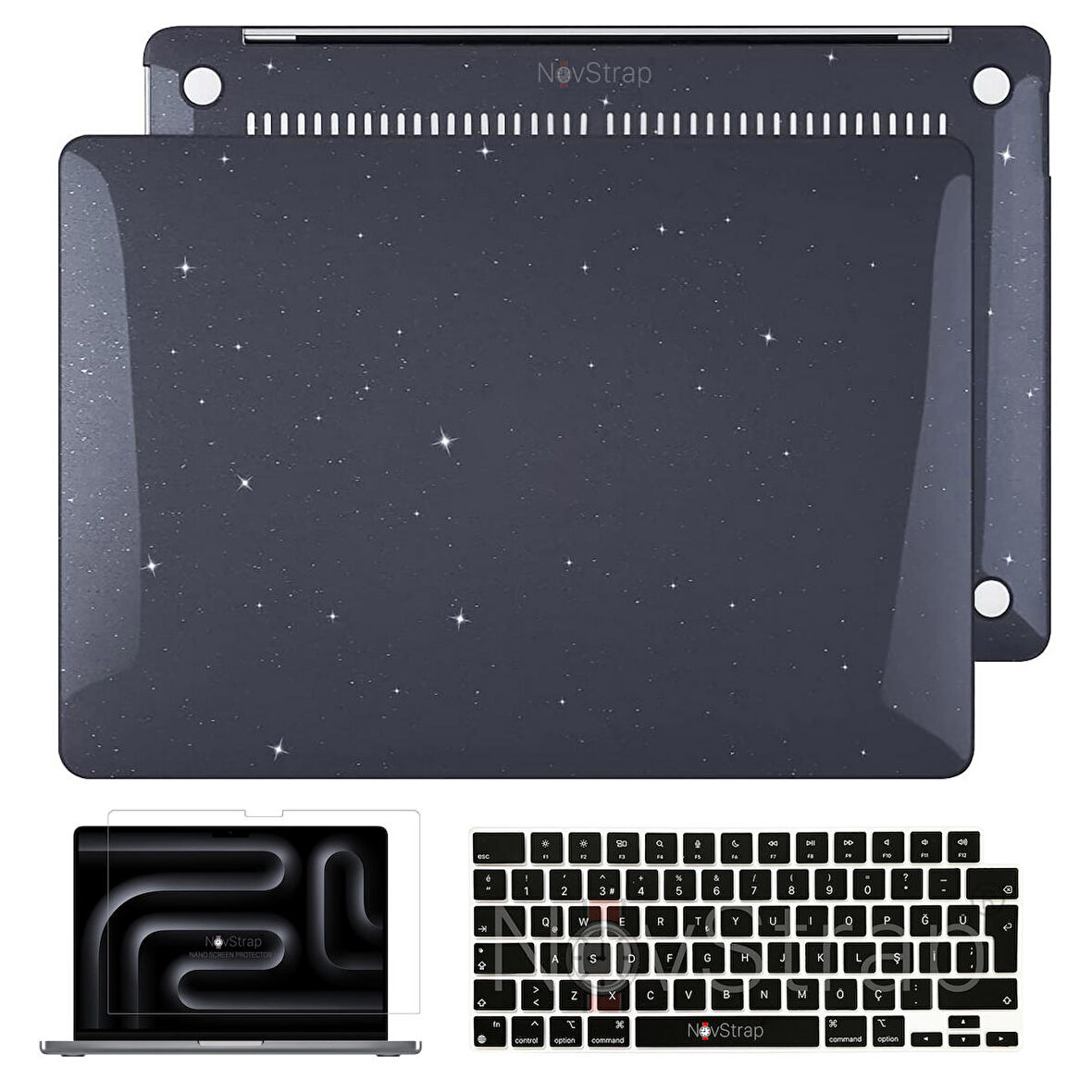 NovStrap Apple Macbook Pro 14 inç M3 Çip A2992 A2918 ile Uyumlu Simli Kılıf+Siyah Klavye Kılıfı+Film