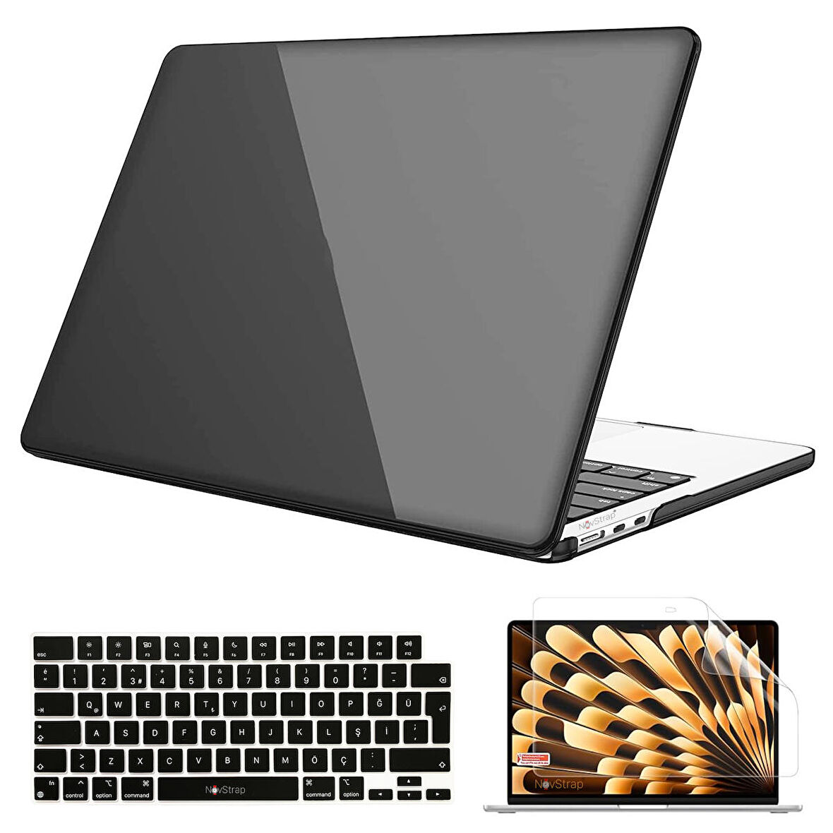 NovStrap Apple Macbook Air M3 Çip 13.6 inç A3113 ile Uyumlu Parlak Kılıf + Siyah Klavye Kılıfı +Film