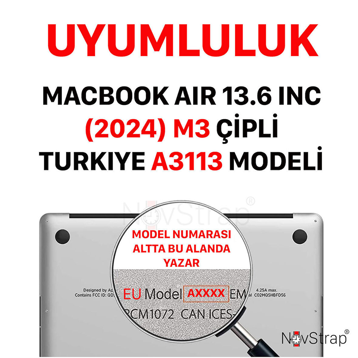 NovStrap Apple Macbook Air M3 Çip 13.6 inç A3113 ile Uyumlu Parlak Kılıf + Siyah Klavye Kılıfı +Film