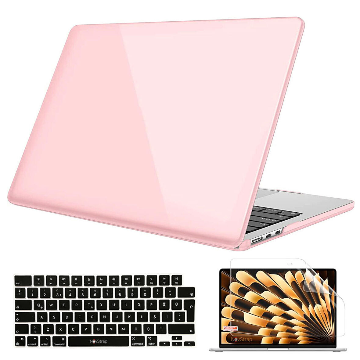 NovStrap Apple Macbook Air M3 Çip 13.6 inç A3113 ile Uyumlu Parlak Kılıf + Siyah Klavye Kılıfı +Film