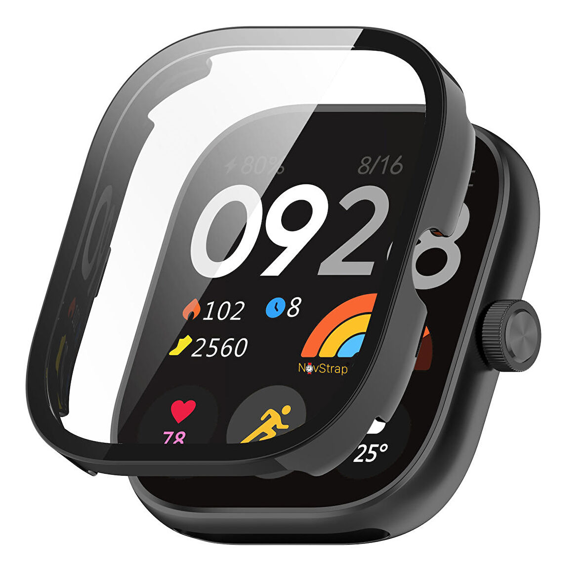 NovStrap Xiaomi Redmi Watch 4 ile Uyumlu Ekran Koruyucu Temperli Cam ve Kasa Koruyucu Kılıf Sert Pc