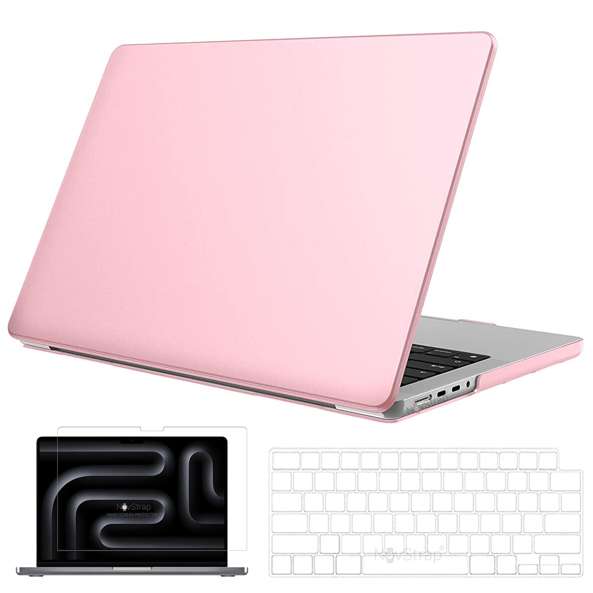 NovStrap Apple MacBook Pro 14 inç M4 A3401 A3112 A3185 ile Uyumlu Parlak Kılıf + Şeffaf Klavye Kılıfı + Film