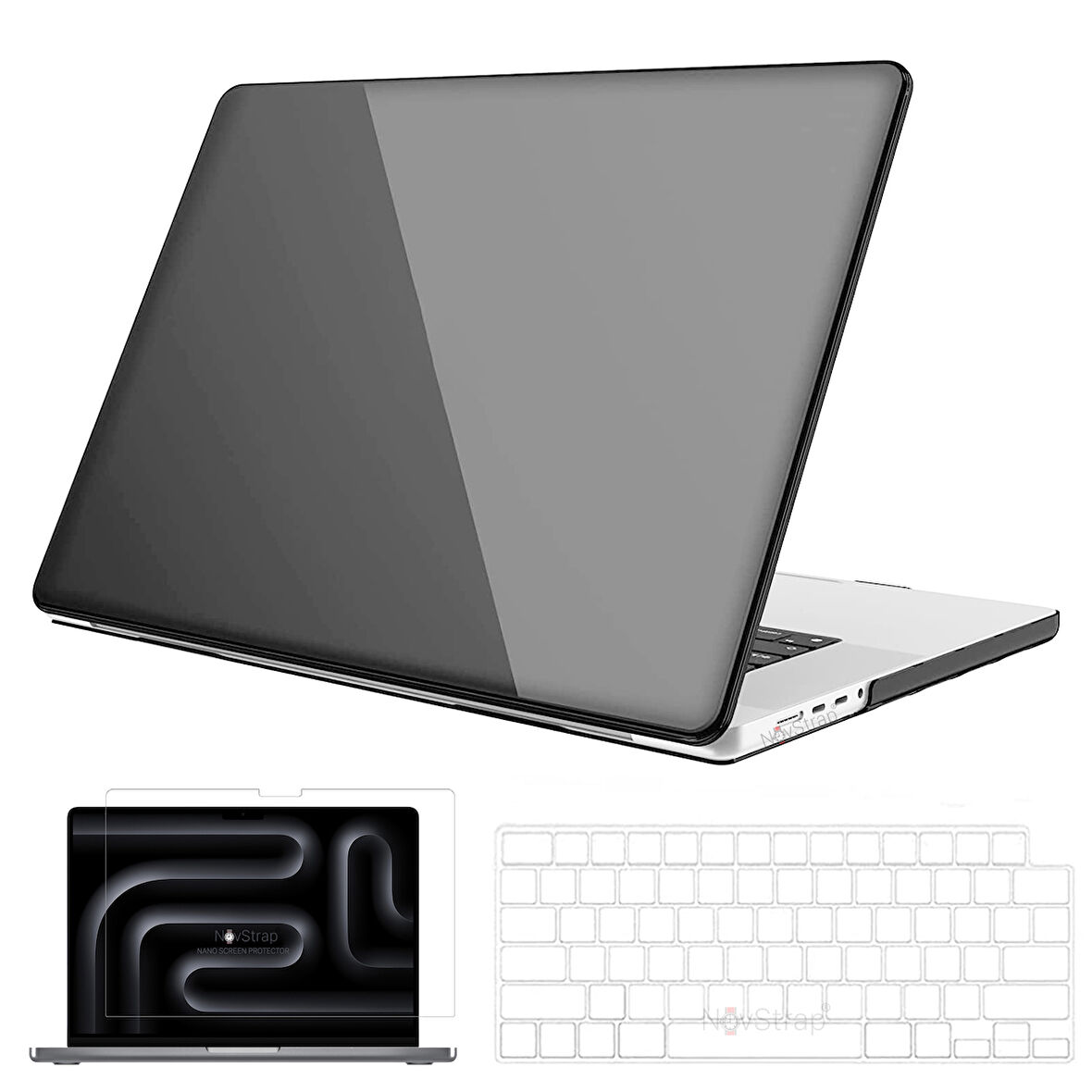 NovStrap Apple MacBook Pro 16 inç M4 A3186 A3403 ile Uyumlu Parlak Kılıf +Şeffaf Klavye Kılıfı +Film