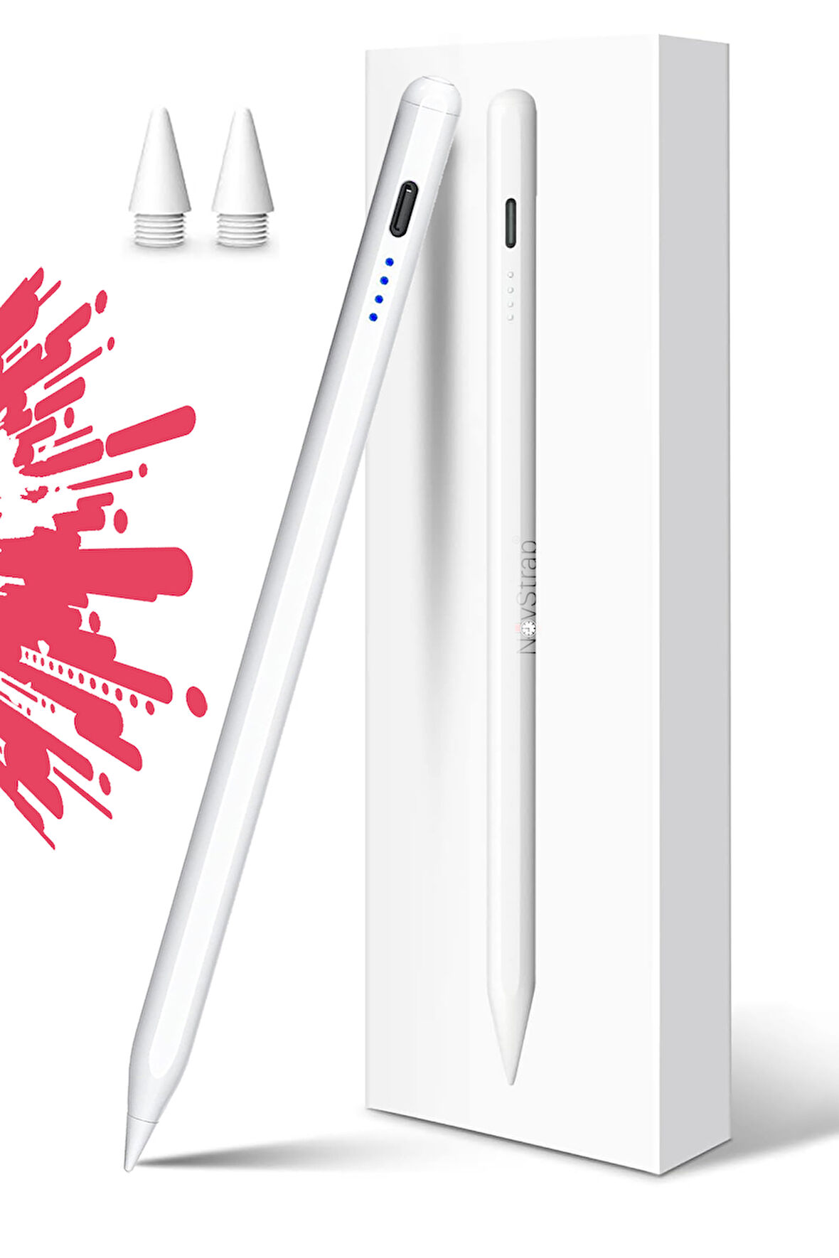 NovStrap Apple iPad Mini 5/6 Nesil ile Uyumlu Dokunmatik Tablet Kalemi DZ900 Gen3 Stylus Pencil Avuç İçi Reddi 2 Adet Yedek Uç