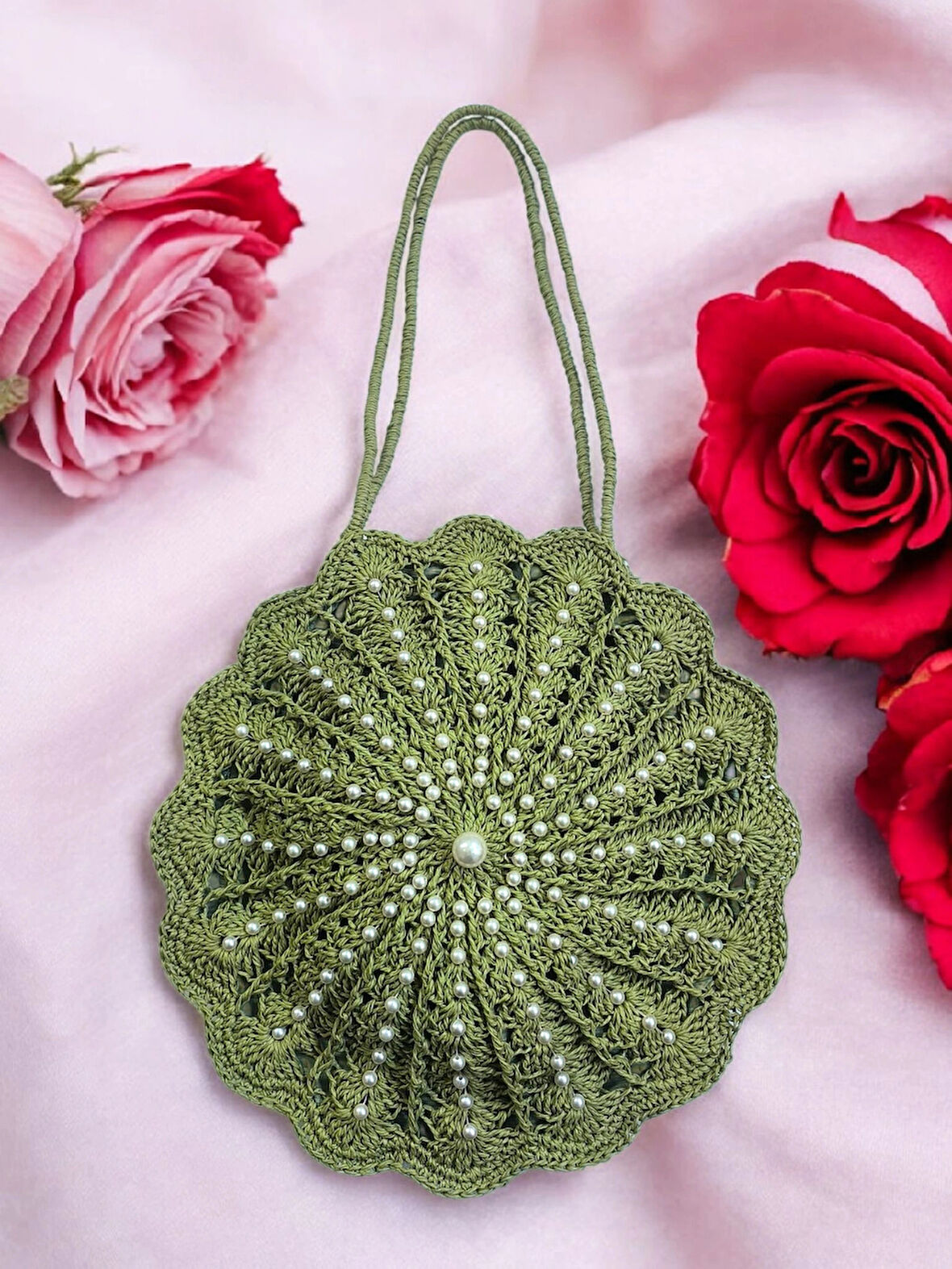 HASIR ÇANTA İNCİ TAŞLI YEŞİL - MODEL 202502