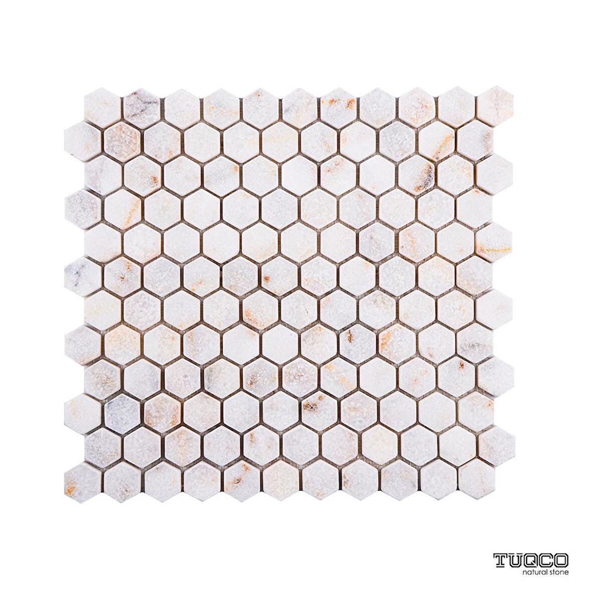 Tuqco Doğal Taş 1 inch Fileli Hexagon Golden Eskitme Mermer Mozaik Banyo Mutfak Tezgah Arası Duvar Kaplama Döşeme Paneli