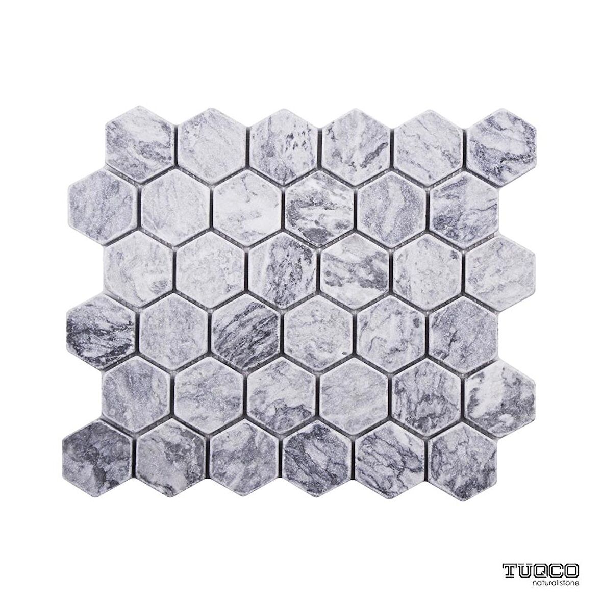 Tuqco Doğal Taş 2 inch Fileli Hexagon Gümüş  Eskitme Mermer Mozaik Banyo Mutfak Tezgah Arası Duvar Kaplama Döşeme Paneli