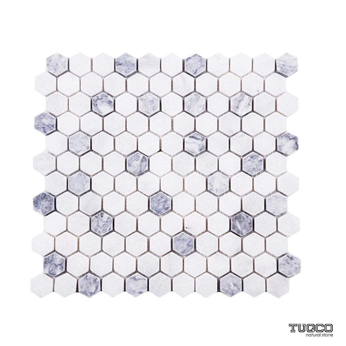 Tuqco Doğal Taş 1 inch Fileli Hexagon Muğla Beyazı - Gümüş Eskitme Mermer Mozaik Banyo Mutfak Tezgah Arası Duvar Kaplama Döşeme Paneli