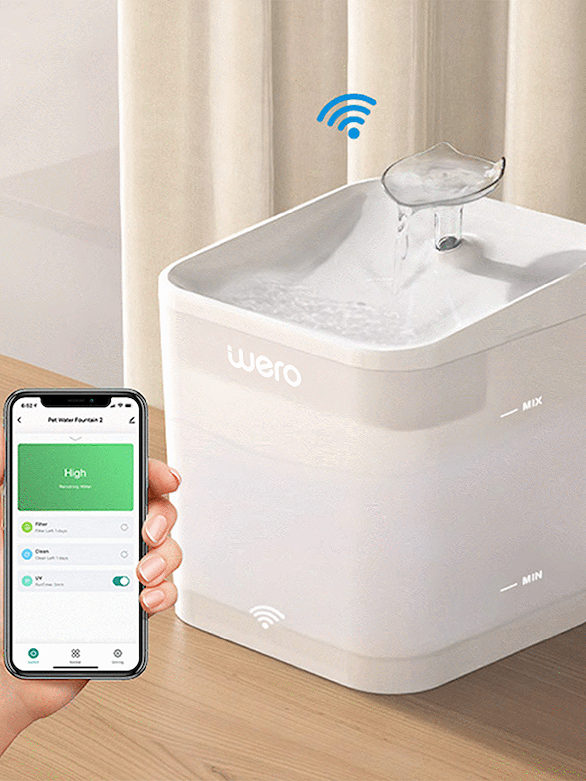 Wero Akıllı Kedi Köpek Su Şelalesi - Wifi - UV - 2.2 Lt Otomatik Su Temizleme Beyaz