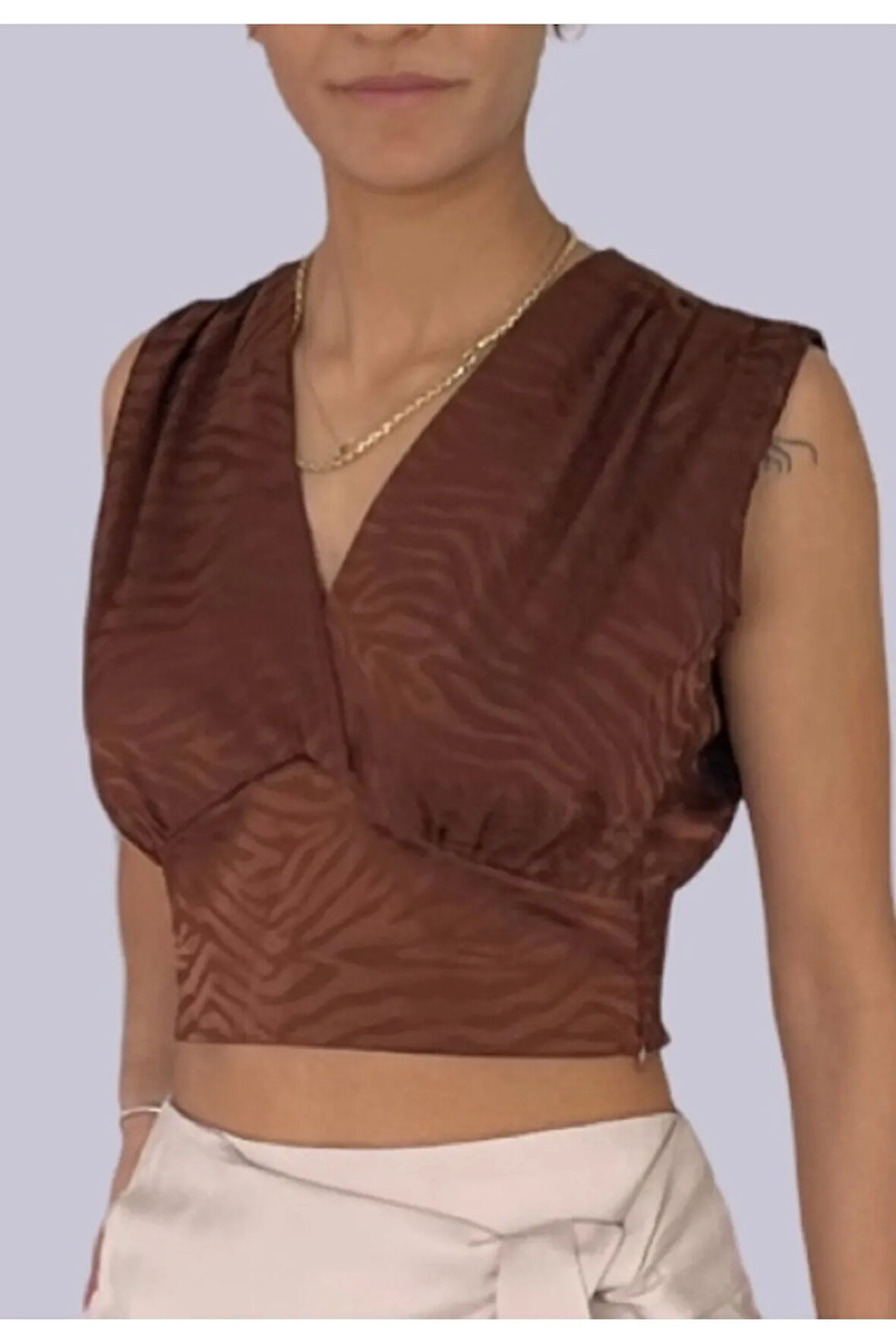 Kruvaze Desenli Saten Bluz