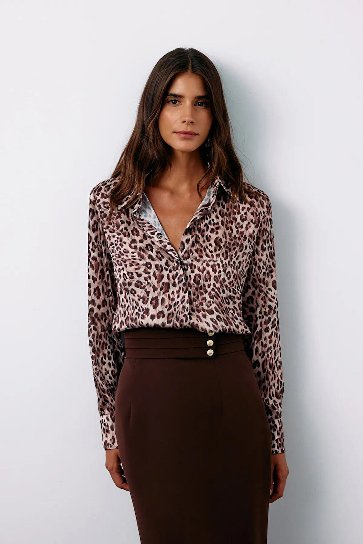 Sateen Kadın Leopar Desenli Gömlek 1587-2525