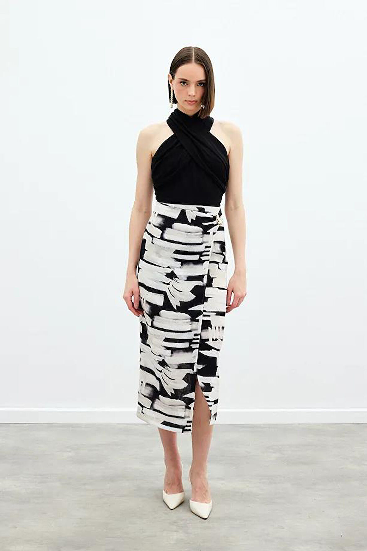 Sateen Kadın Desenli Keten Kalem Etek 1793-4086