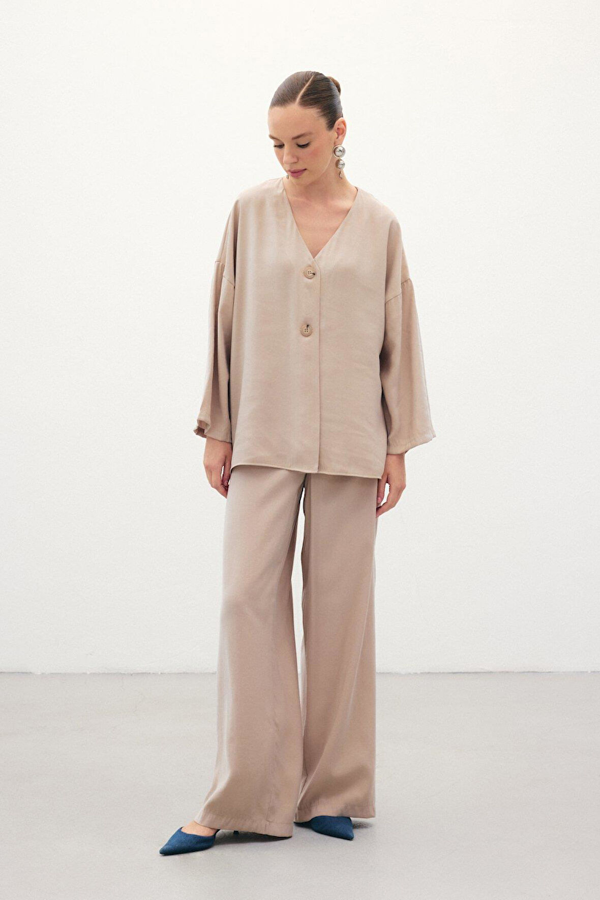 Sateen Kadın Düğmeli Kimono Kısa Kollu Bluz 1847-6040