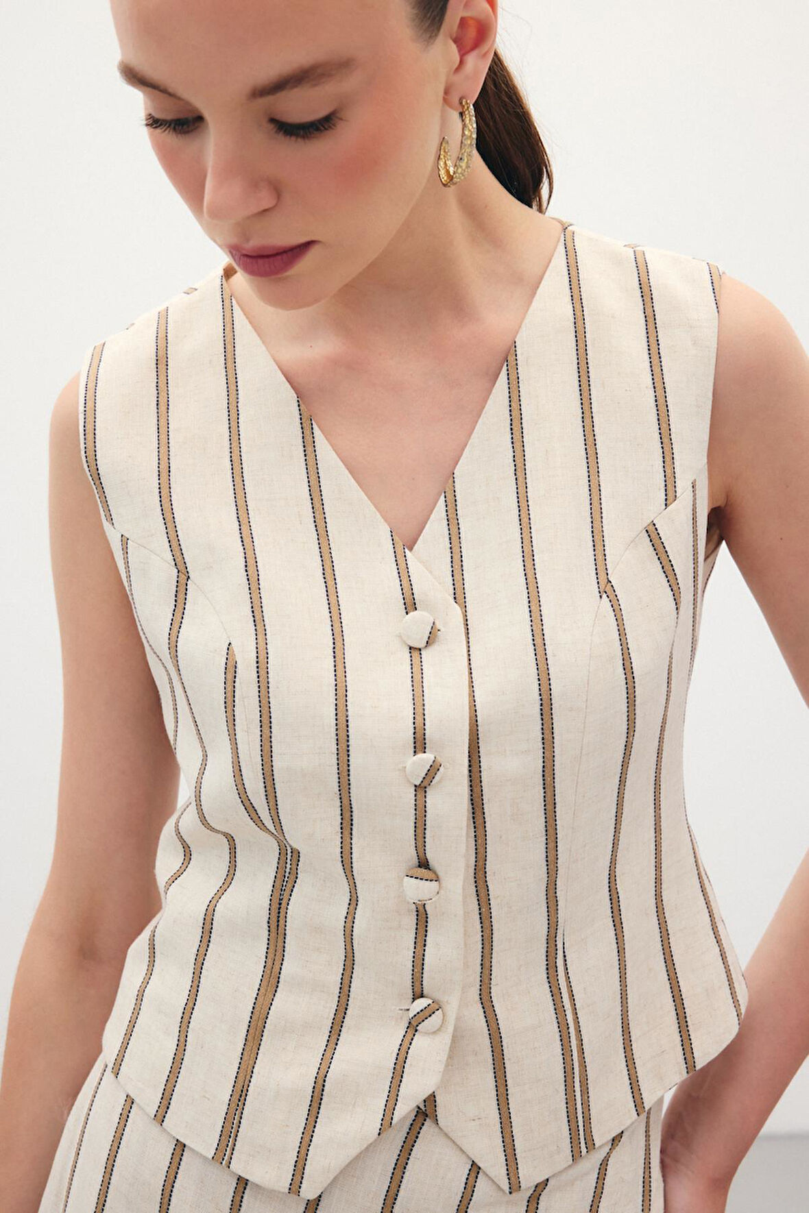 Sateen Kadın Çizgili Keten Yelek 1861-6043