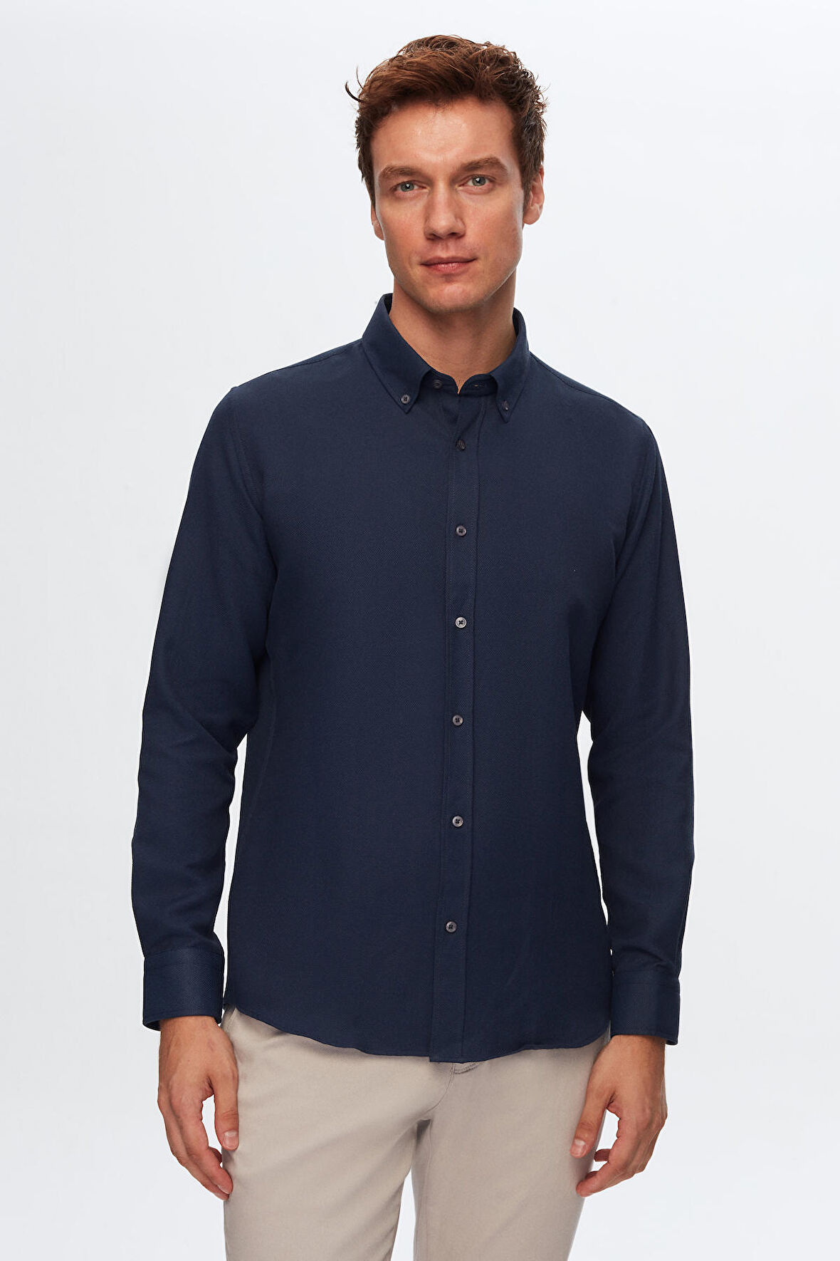 Ds Damat Slim Fit Lacivert Armürlü Düğmeli Yaka Pamuklu Gömlek 1HC02ORT96265 1HC02ORT96265