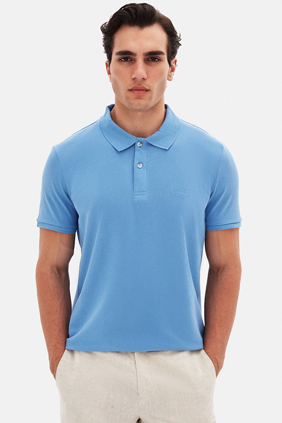 Ds Damat Regular Fit Açık İndigo %100 Pamuklu Uzun Ömürlü Kıvrılmaz Polo Yaka Nakışlı T-Shirt