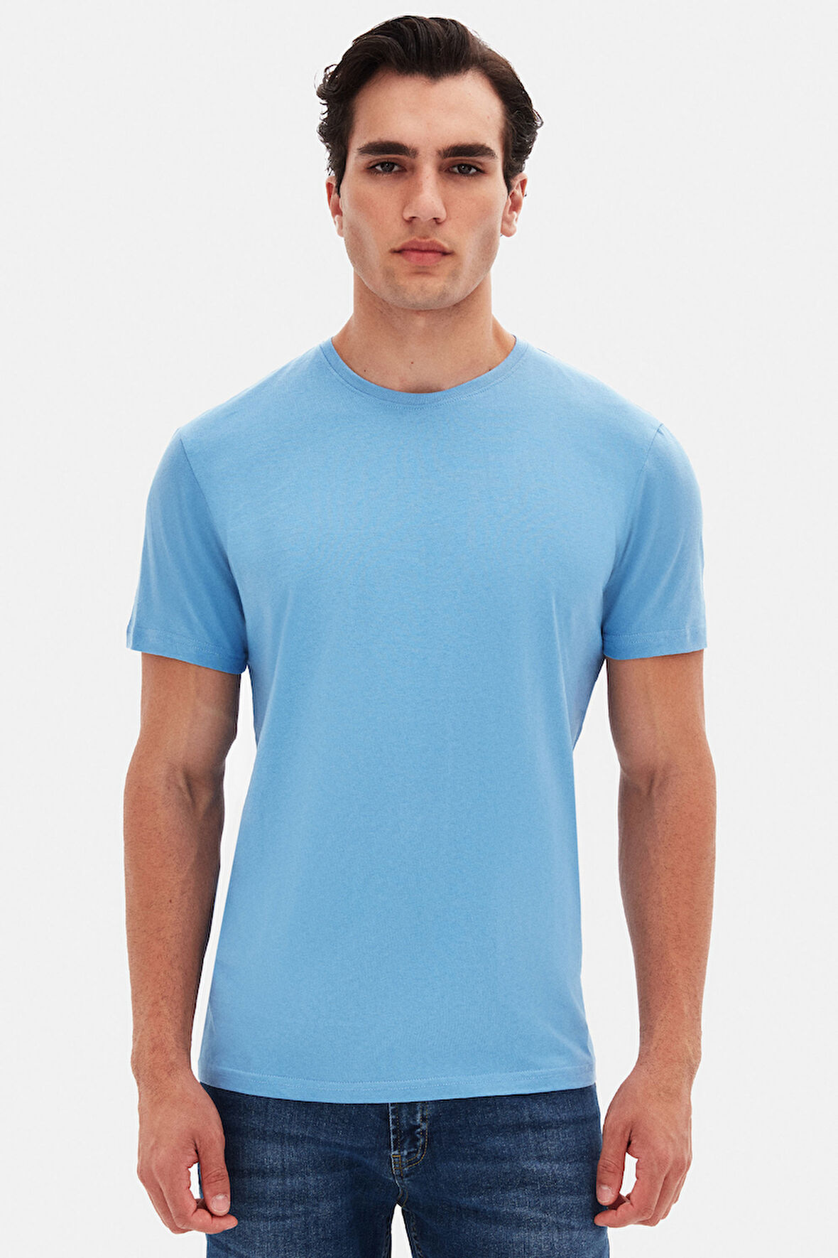 Ds Damat Slim Fit Açık İndigo Bisiklet Yaka %100 Pamuklu Nefes Alabilen T-Shirt