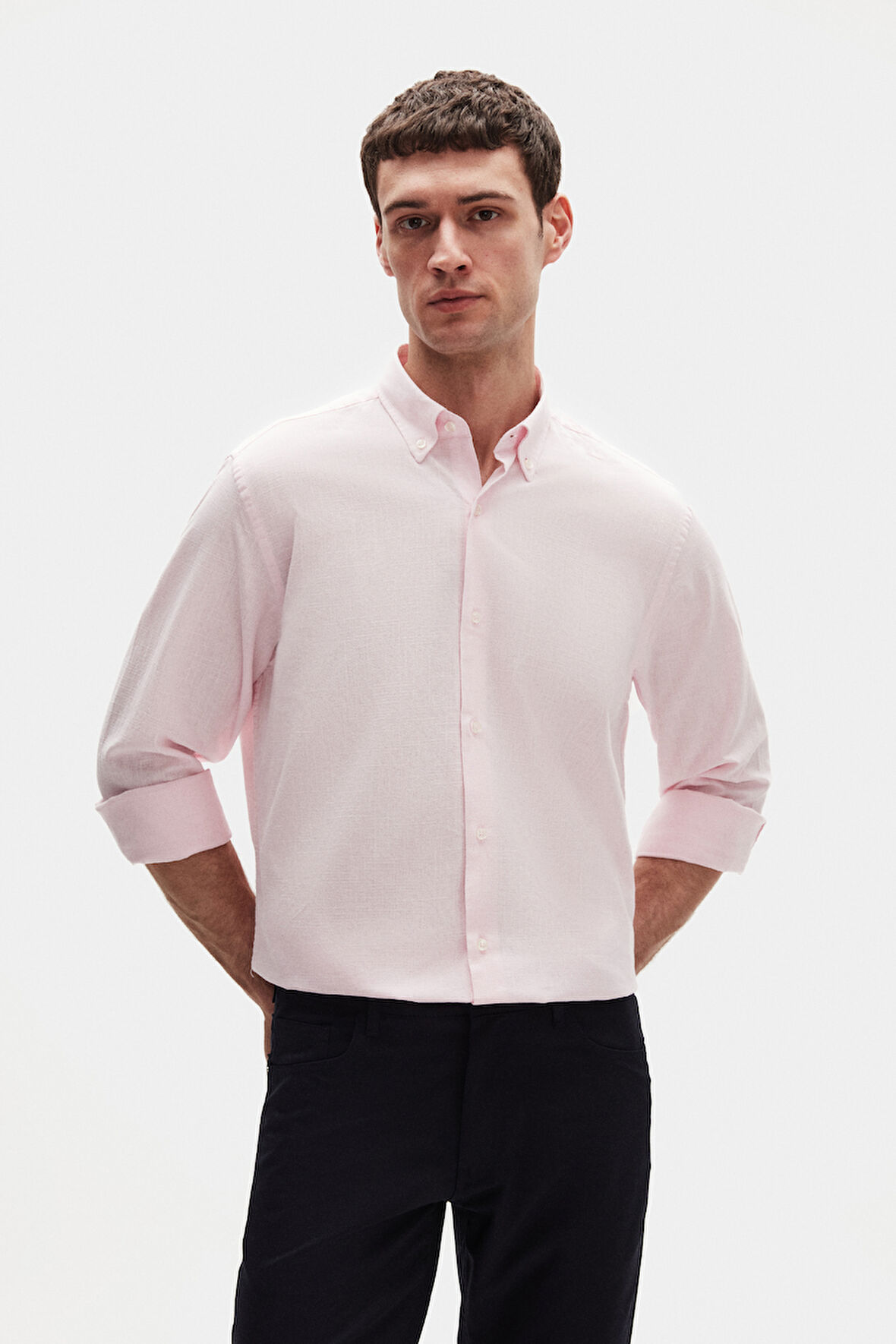 Ds Damat Comfort Pembe Düğmeli Yaka Rahat Kesim Keten Görünümlü %100 Pamuk Gömlek 2HC02ORT64265
