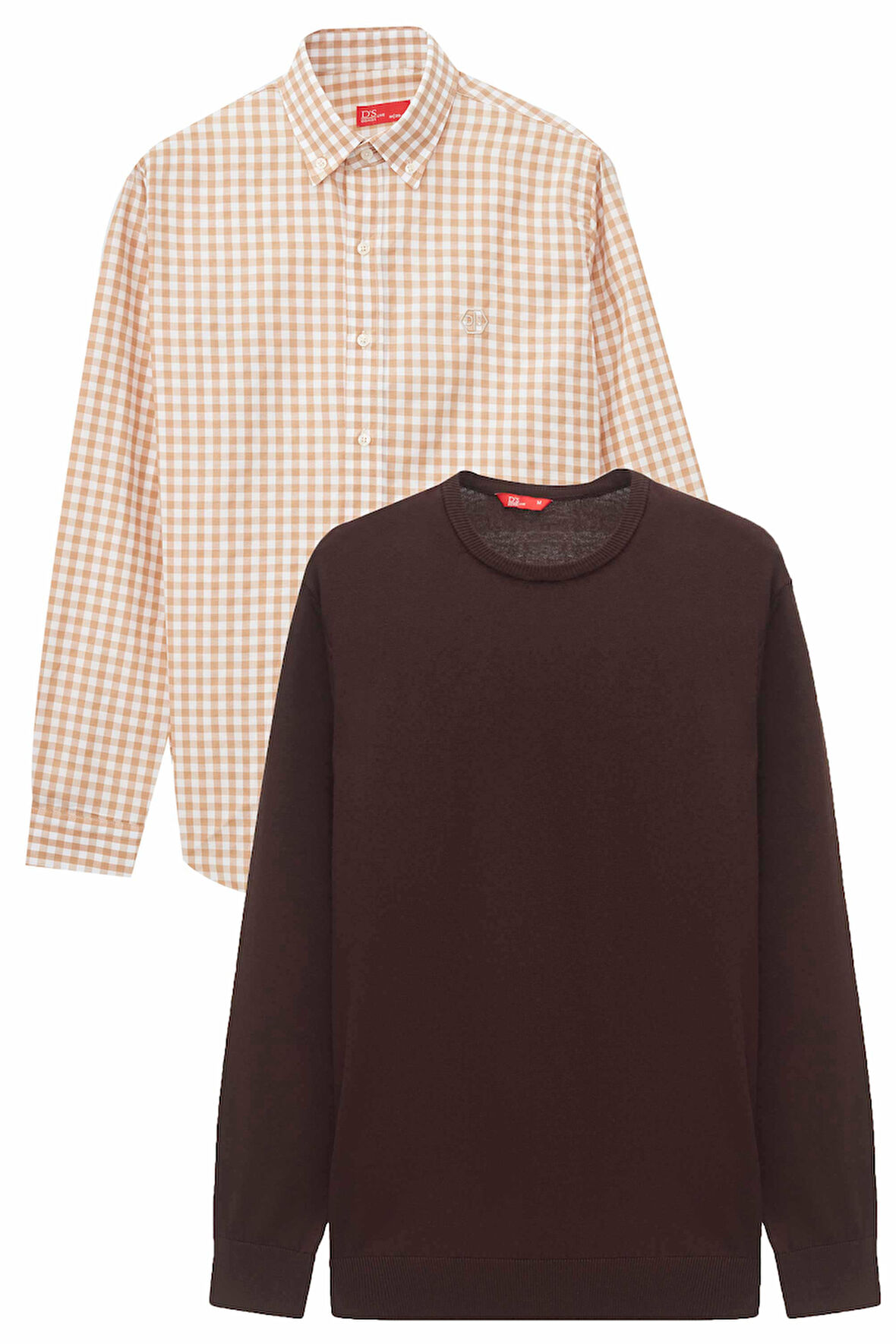 Ds Damat Slim Fit Camel Pamuk Karışımlı 2'Li Bisiklet Yaka Triko Ve Gömlek