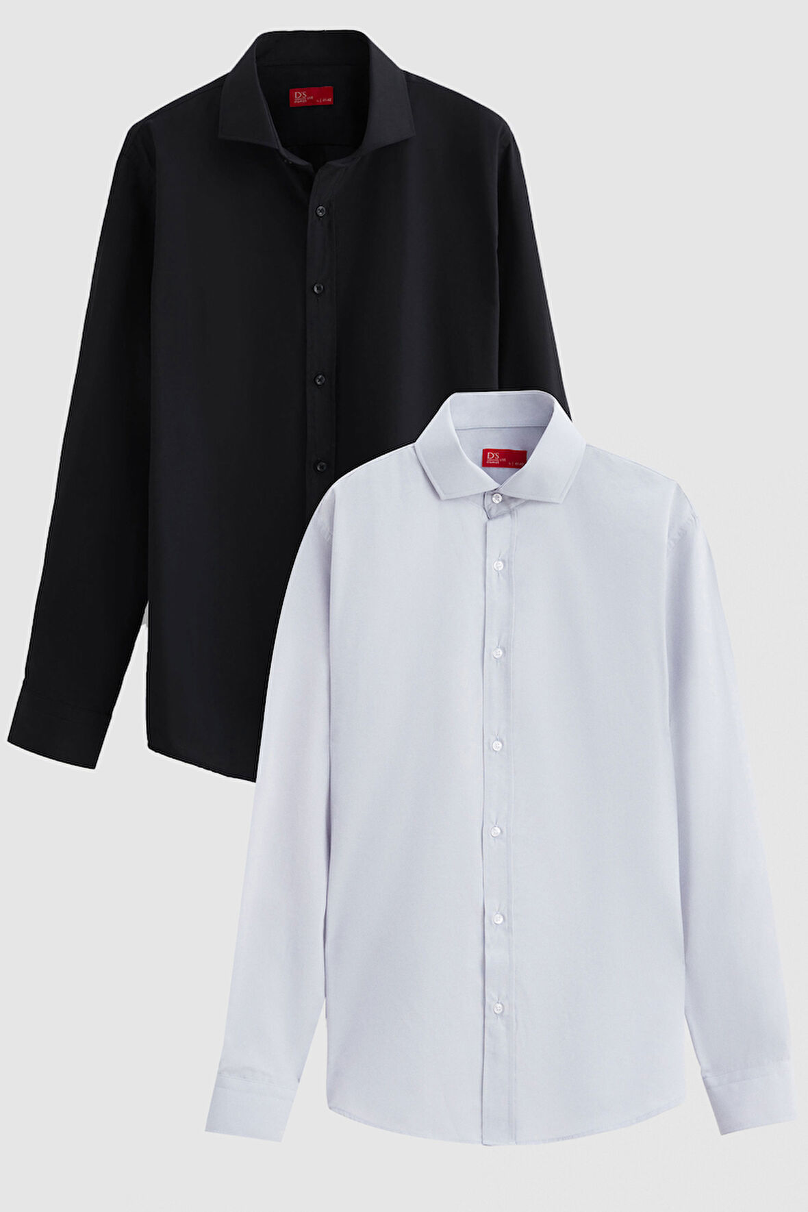 Ds Damat Slim Fit Siyah/Gri İtalyan Yaka Kolay Ütülenebilir 2'Li Gömlek