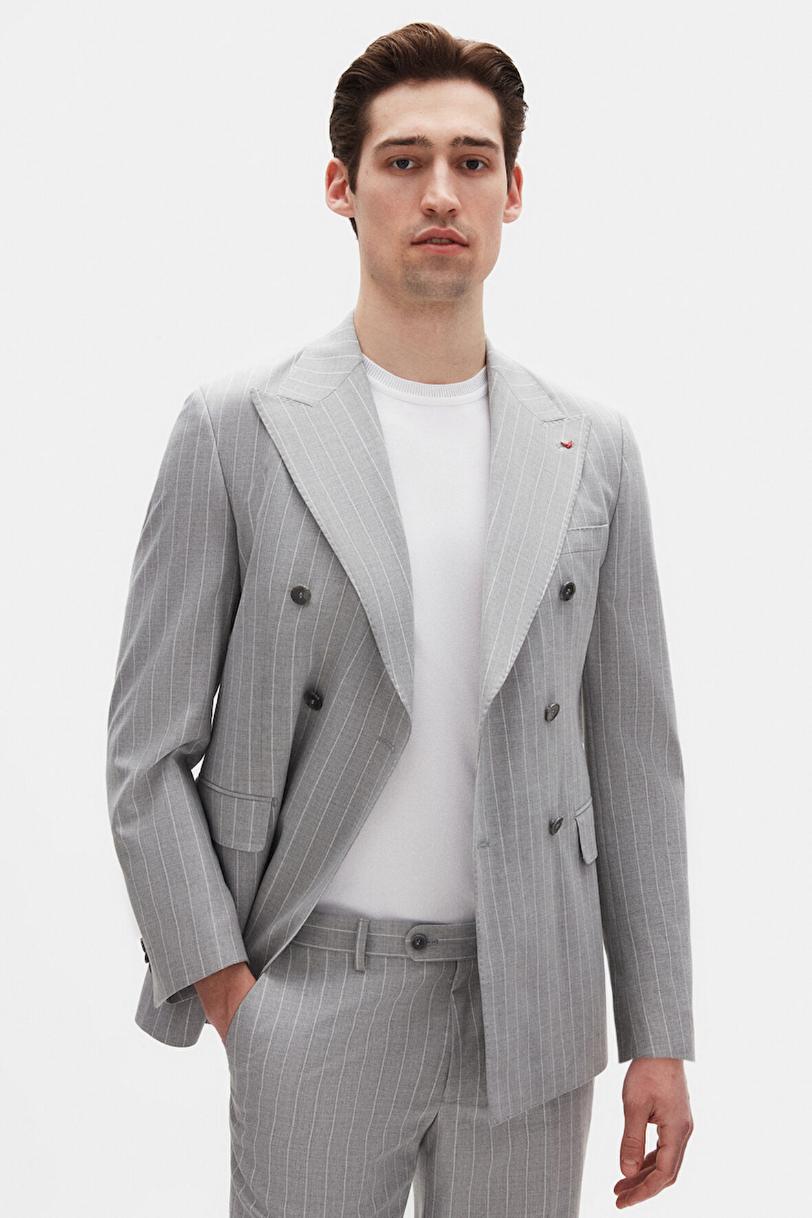 Ds Damat Regular Fit Gri Çizgili Kruvaze Takim Elbise