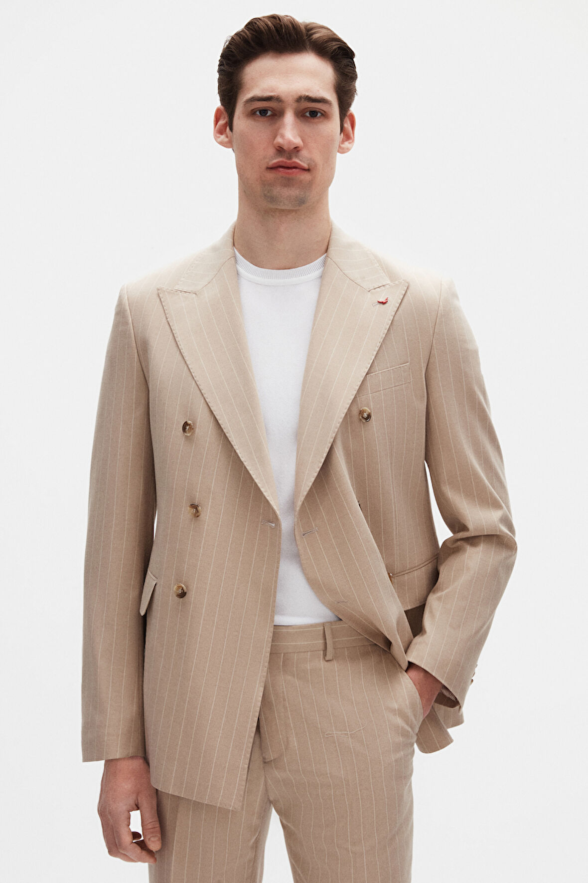 Ds Damat Regular Fit Bej Çizgili Kruvaze Takim Elbise