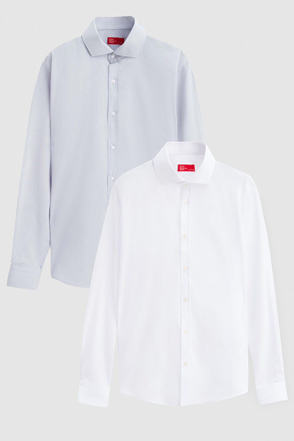 Ds Damat Slim Fit Gri/Beyaz İtalyan Yaka Kolay Ütülenebilir 2'Li Gömlek