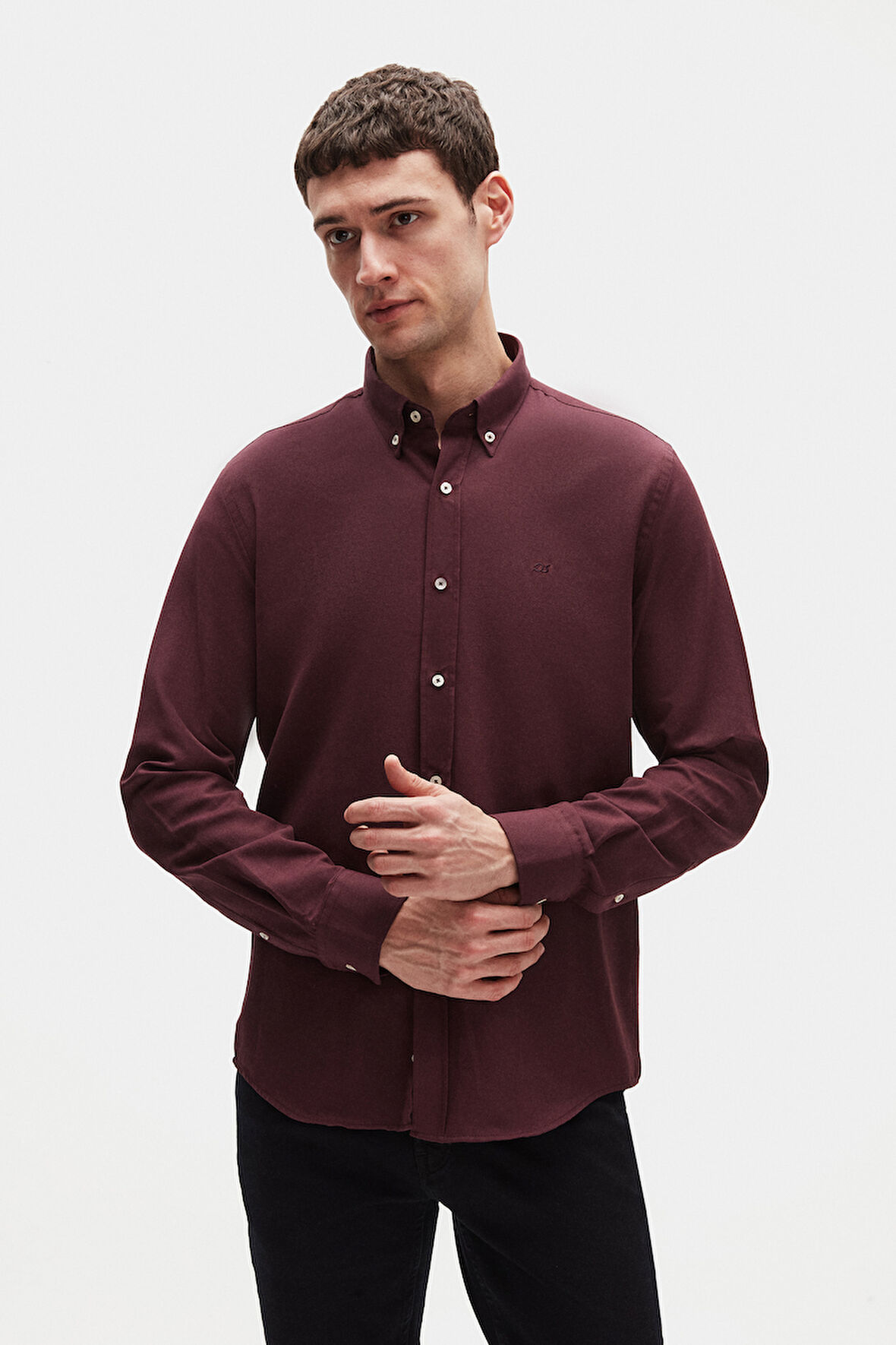 Ds Damat Slim Fit Mürdüm Oxford Düğmeli Yaka Kolay Ütülenebilir Nakış Detaylı Pamuklu Gömlek
