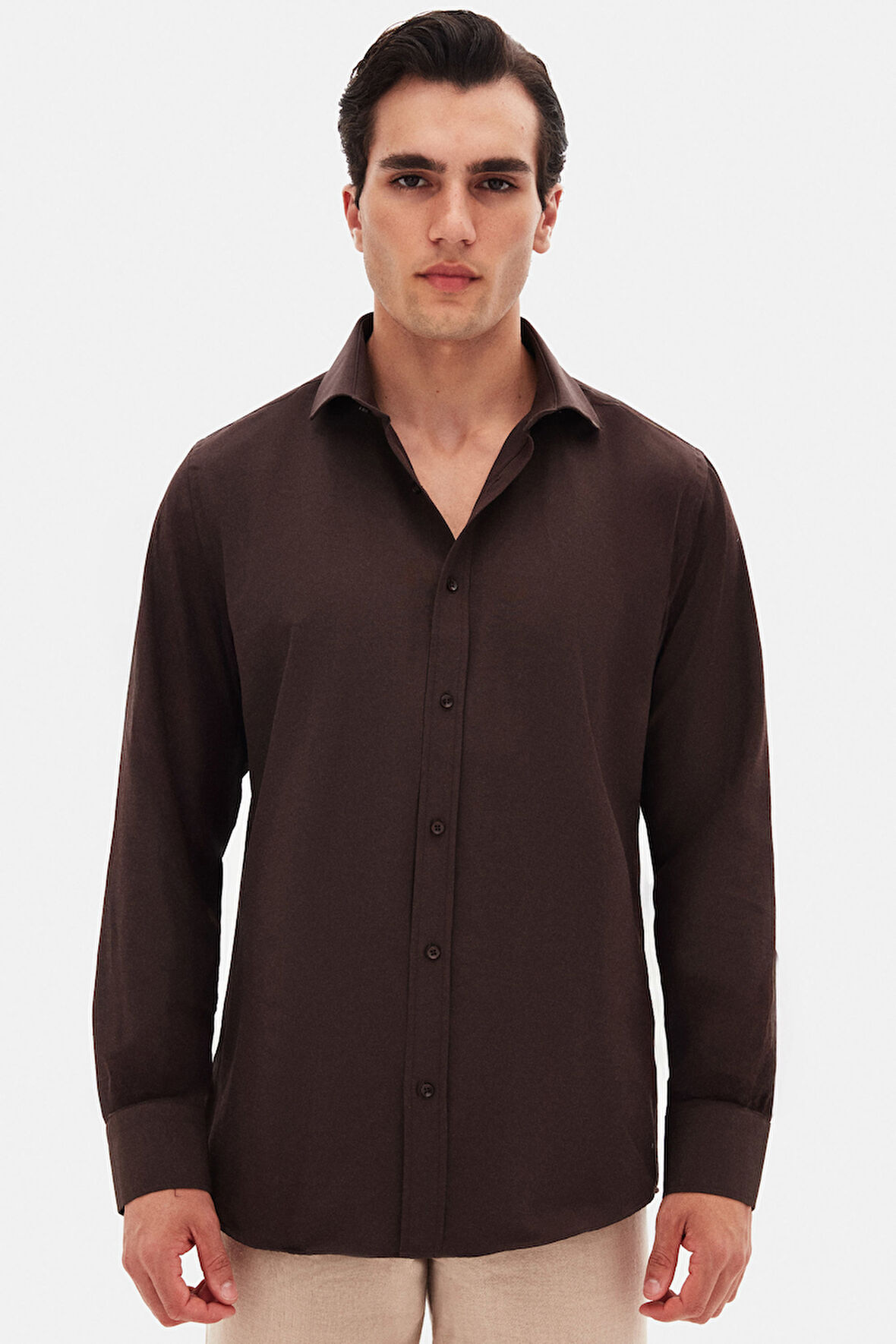 Ds Damat Slim Fit Acı Kahve Klasik Kravatlık Uzun Kol Kolay Ütülenebilir Gömlek