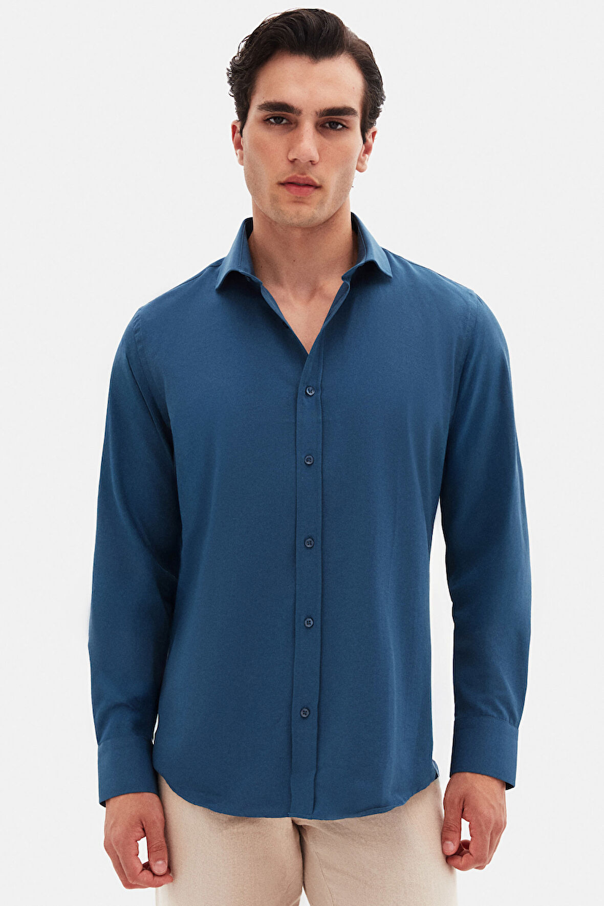 Ds Damat Slim Fit Petrol Yeşili Klasik Kravatlık Uzun Kol Kolay Ütülenebilir Gömlek