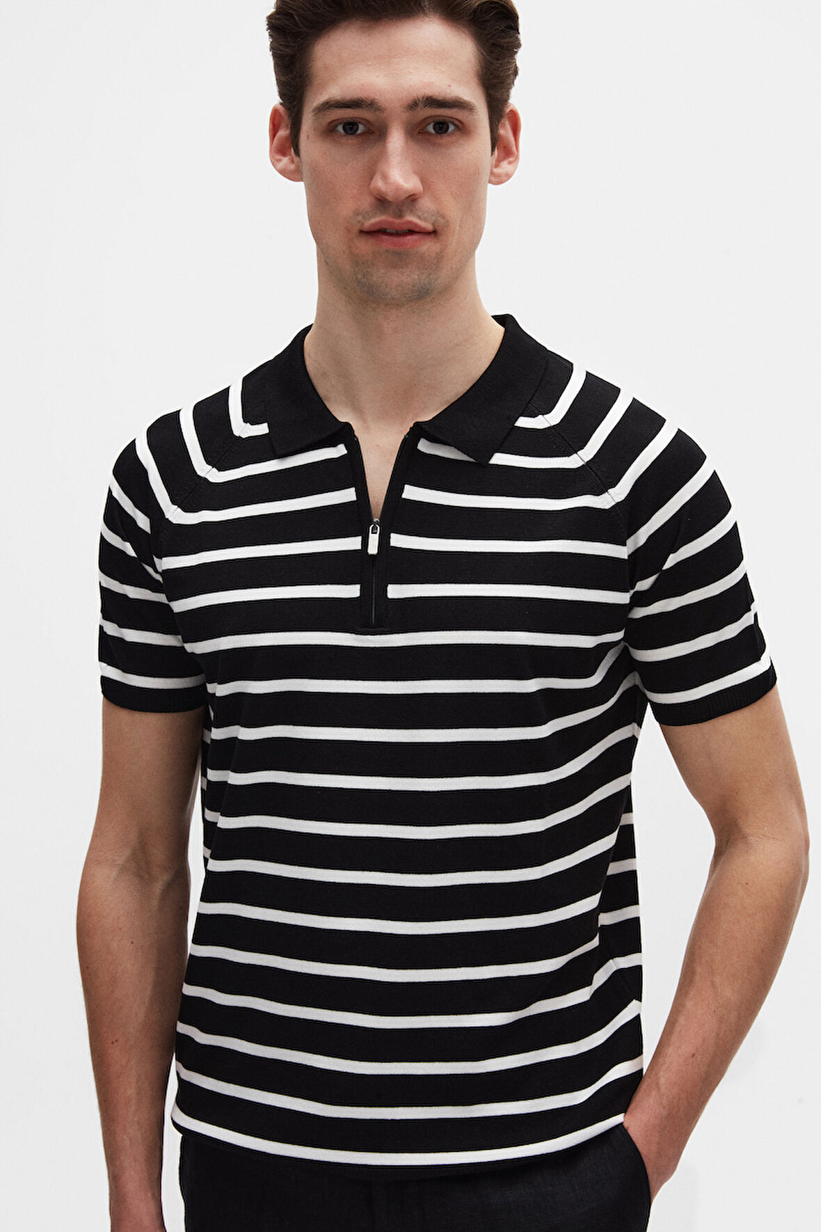 Ds Damat Slim Fit Siyah Rayon Polo Yaka Fermuarlı Triko T-Shirt 4HF06ORT10002