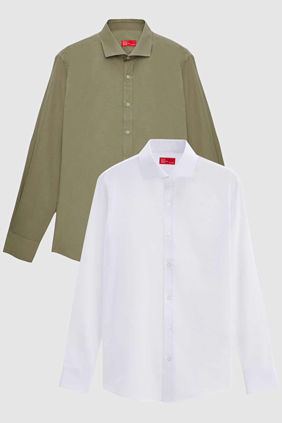 Ds Damat Slim Fit Haki İtalyan Yaka Dar Kesim Klasik Kravatlık  Uzun Kollu Kolay Ütülenebilir Nefes Alan 2'Li Gömlek