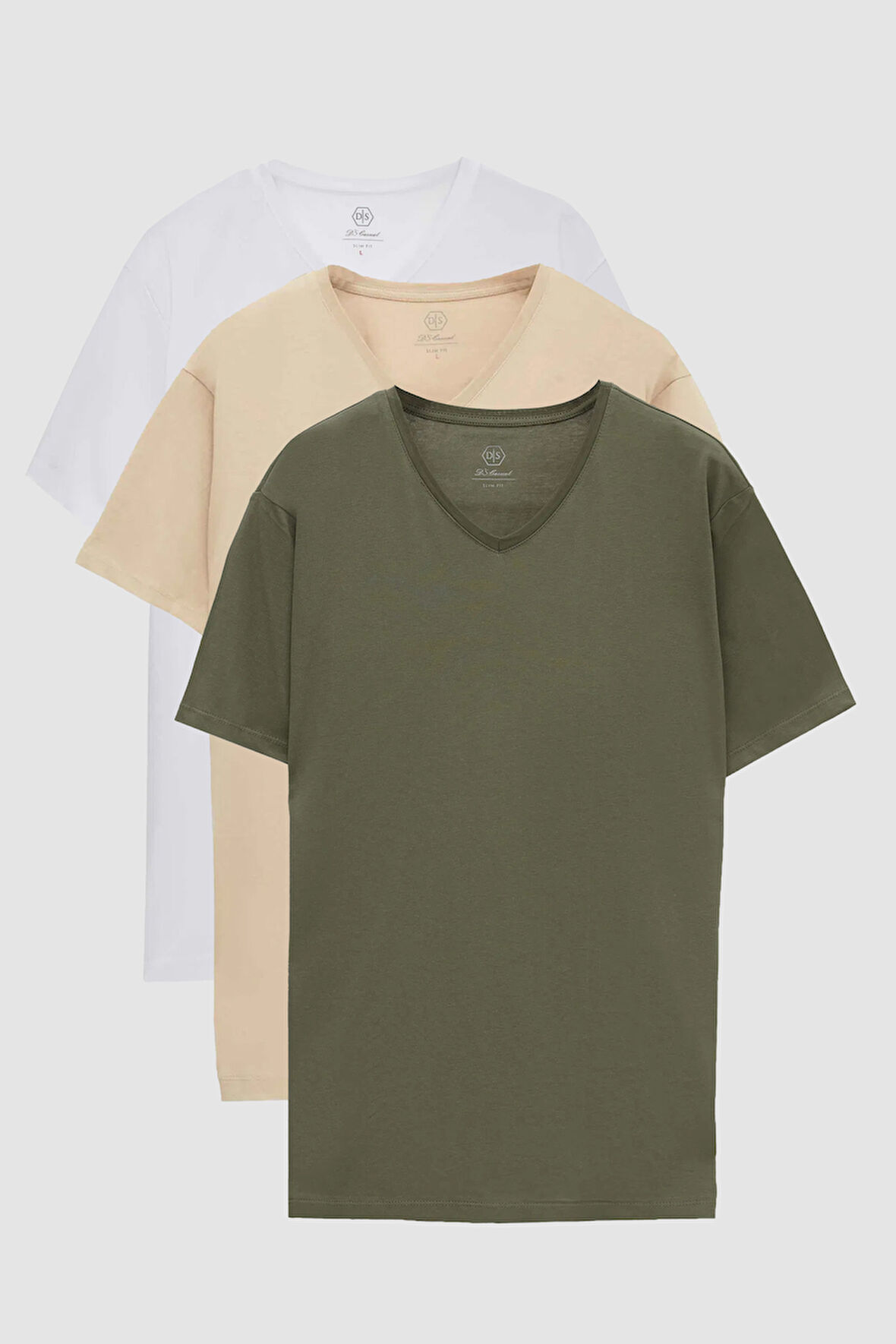 Ds Damat Slim Fit Haki/Bej/Beyaz 3'Lü Set V Yaka T-Shirt