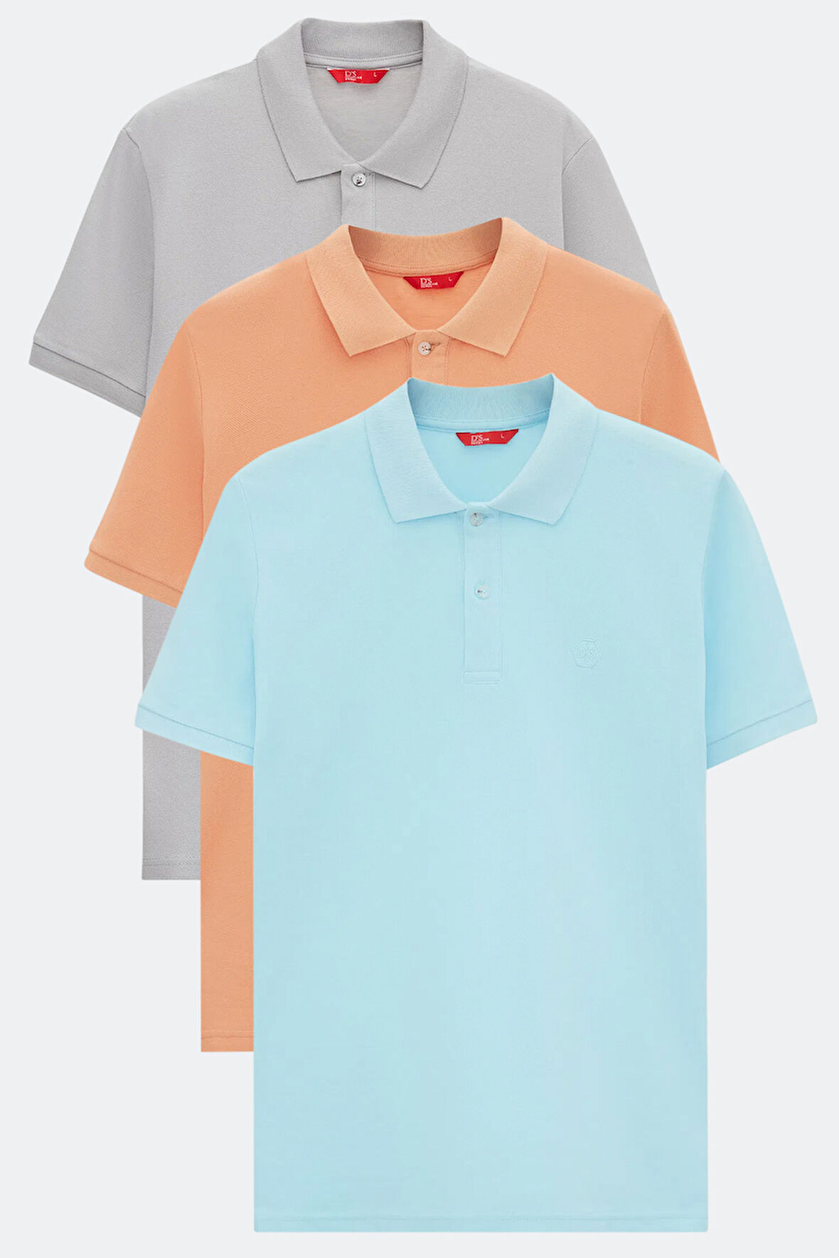 Ds Damat Regular Fit Açık Turkuaz/Kayısı/Gri Pike Dokulu %100 Pamuk Polo Yaka T-Shirt