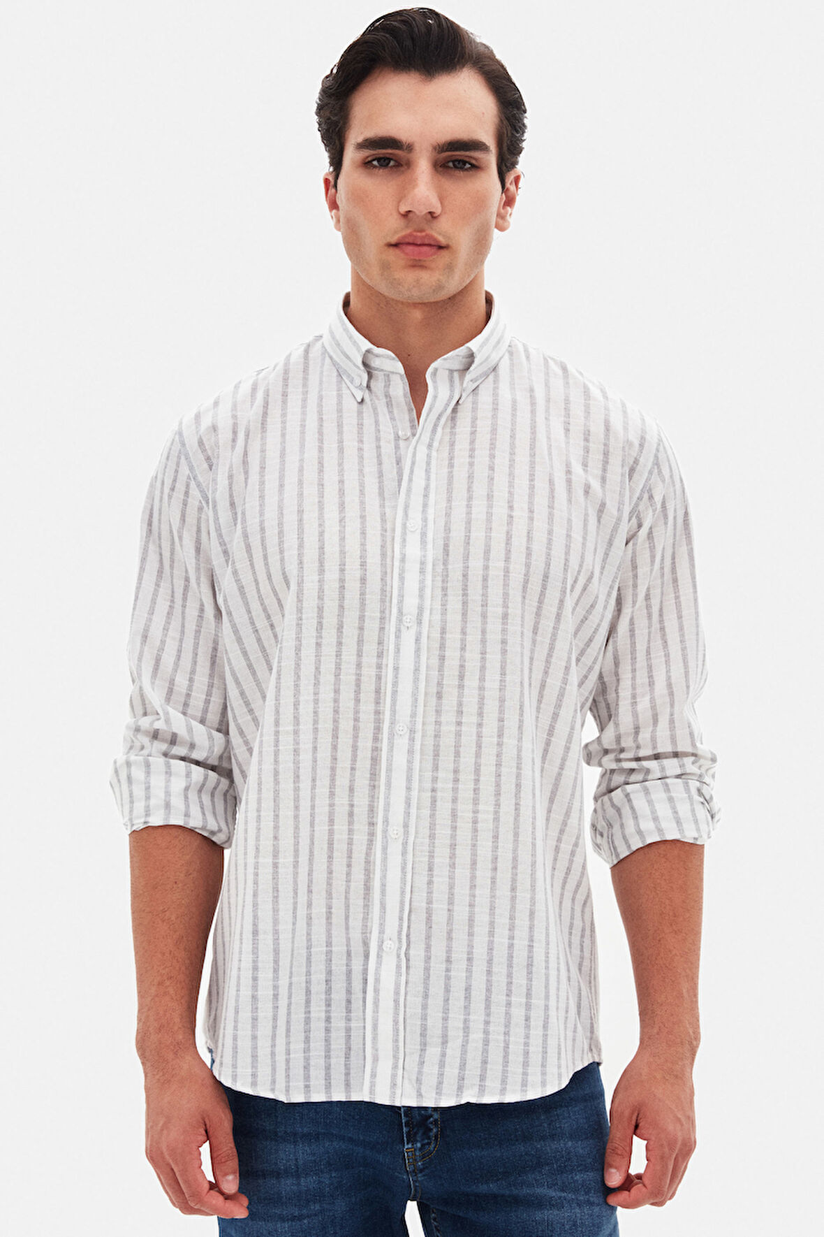 Ds Damat Slim Fit Gri Çizgili %100 Pamuk Yazlık Keten Gömlek