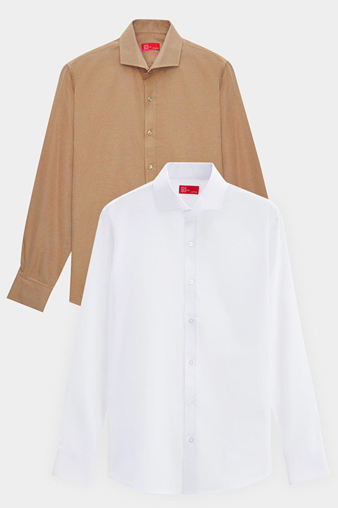Ds Damat Slim Fit Kahverengi/Beyaz İtalyan Yaka Kolay Ütülenebilir 2'Li Gömlek