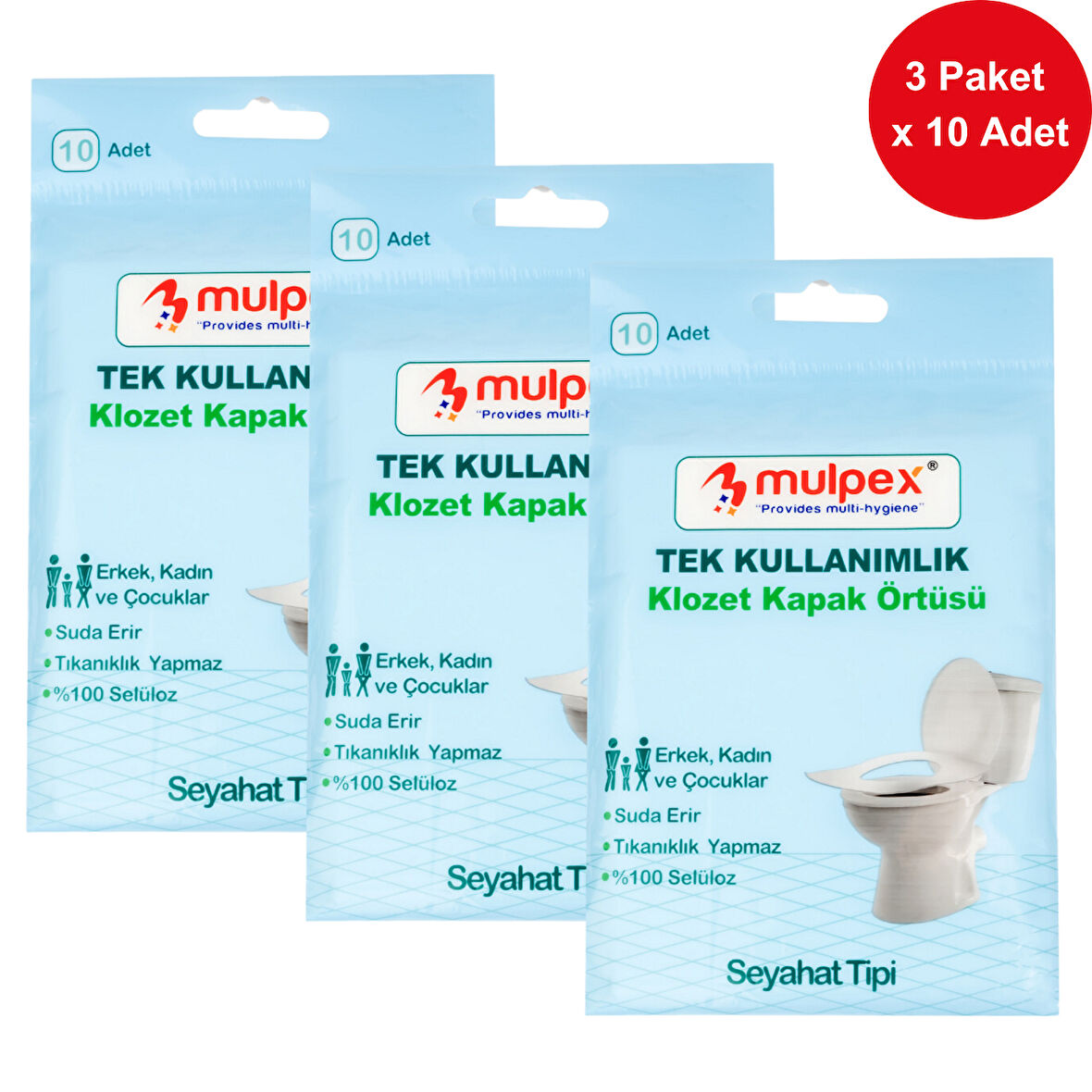 Mulpex Tek Kullanımlık Suda Çözünür Klozet Kapak Örtüsü - 3 x 10 lu Paket | Hijyenik ve Pratik Seyahat Aksesuarı