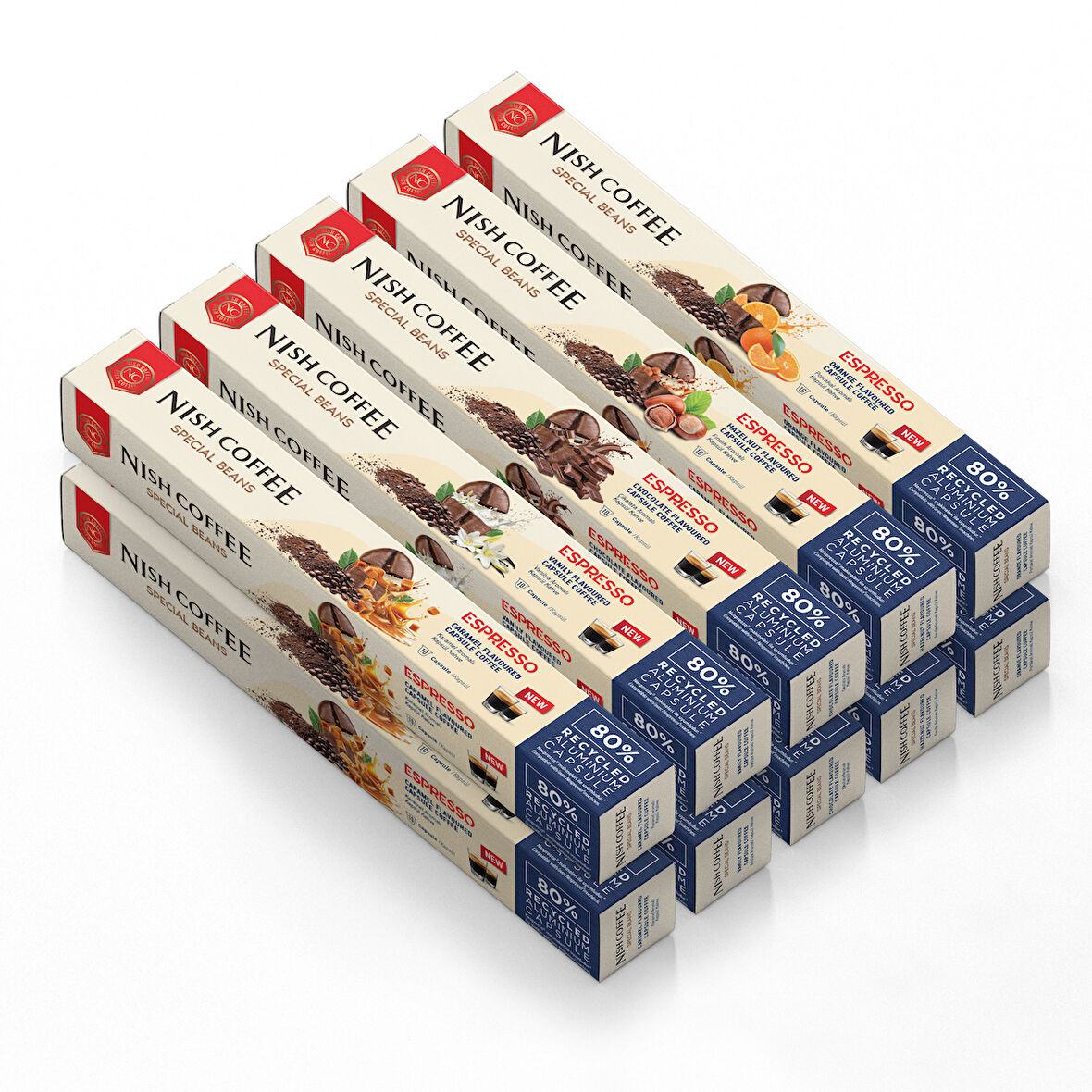 Nish Coffee Aromalı Kapsül Kahve 10'lu Set (Karamel-Vanilya-Çikolata-Fındık-Portakal)