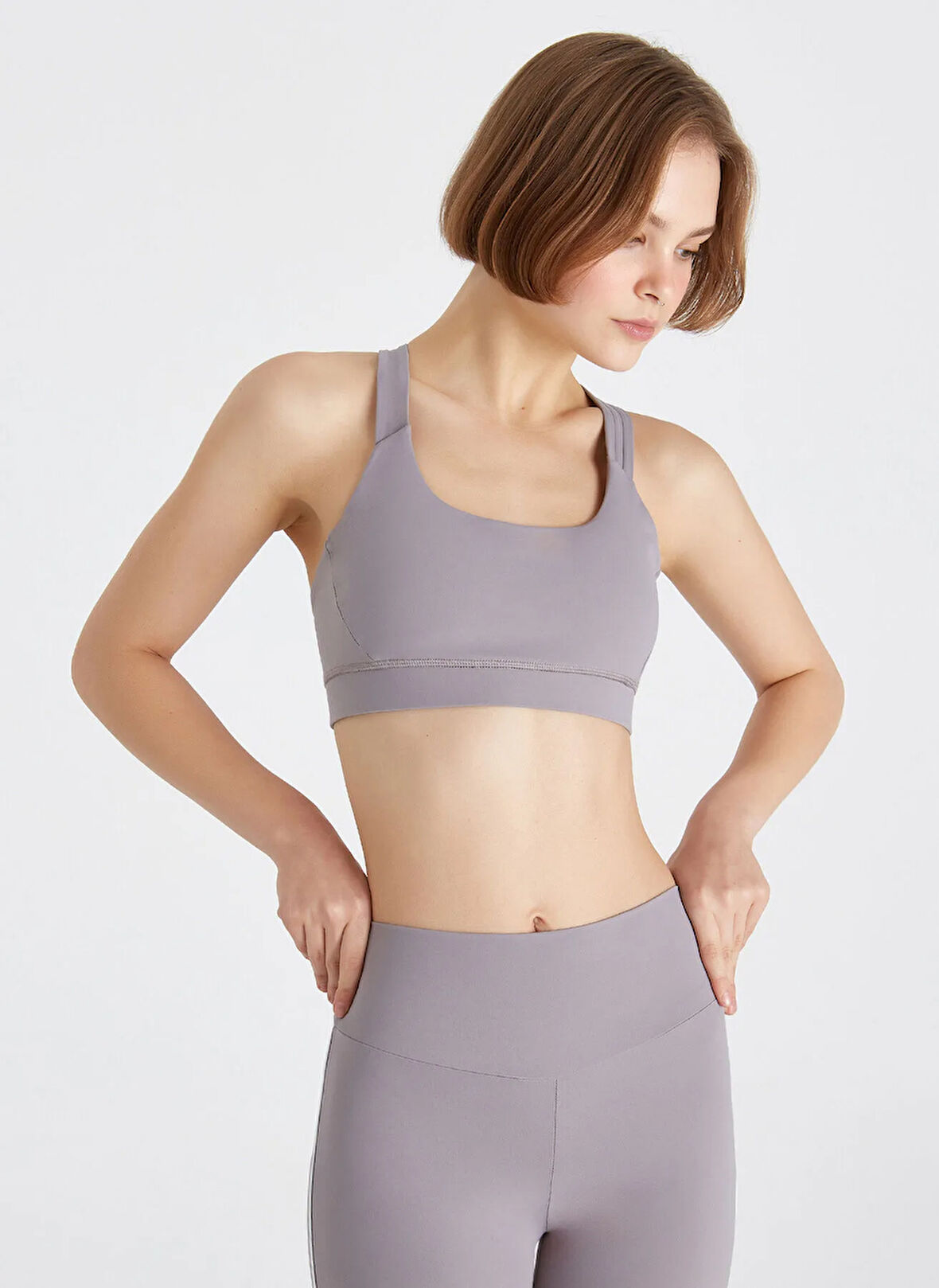 Boboist Kare Yaka Düz Gri Kadın T-Shirt BB25S201W001