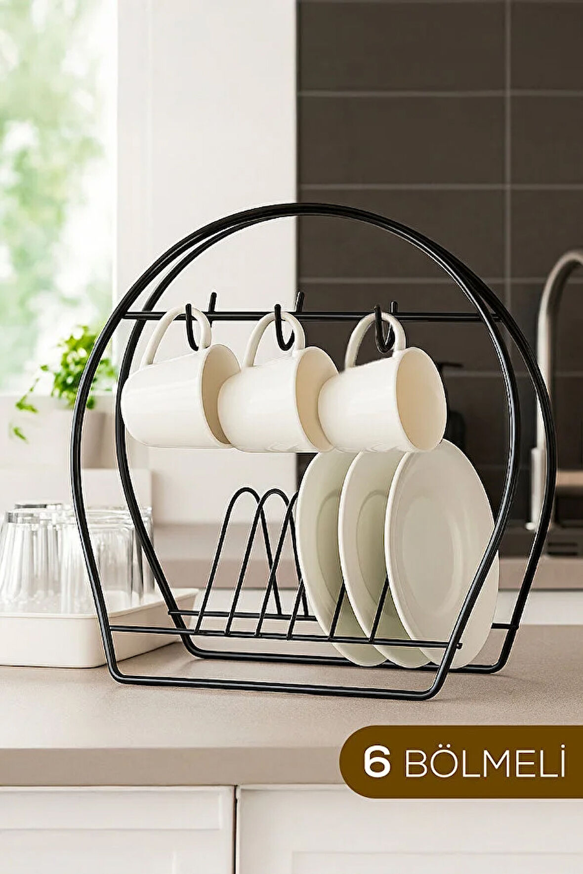 Metal Fincanlık ve Tabaklık Siyah – 6'lı Kupa Standı | Mutfak Düzenleyici Organizer