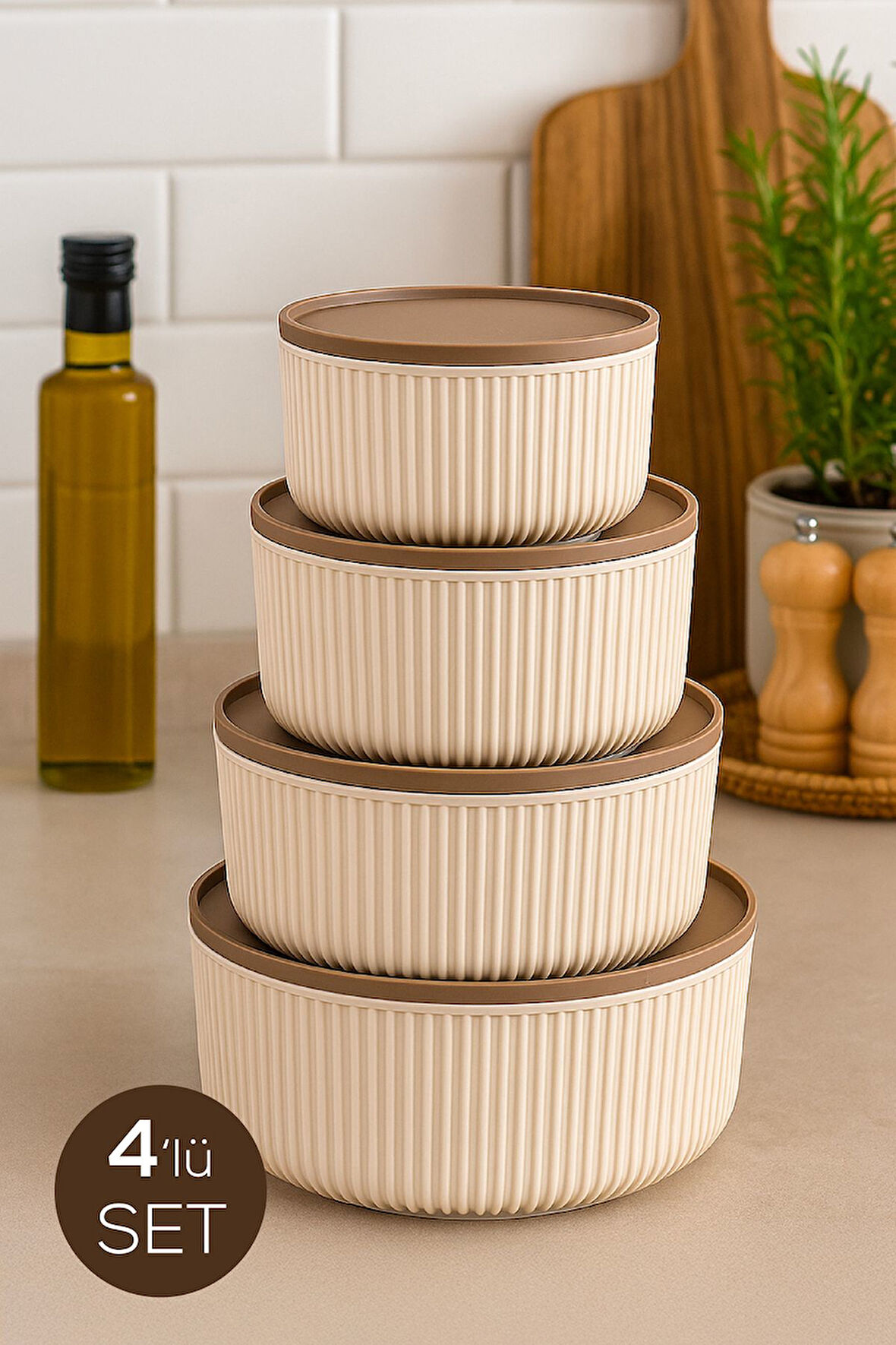 4'lü Yuvarlak Saklama Kabı Seti Çizgili Bej | 2.5l 1.5l 0.80l 0.45l | Mikrodalga Ve Dondurucu Uyumlu